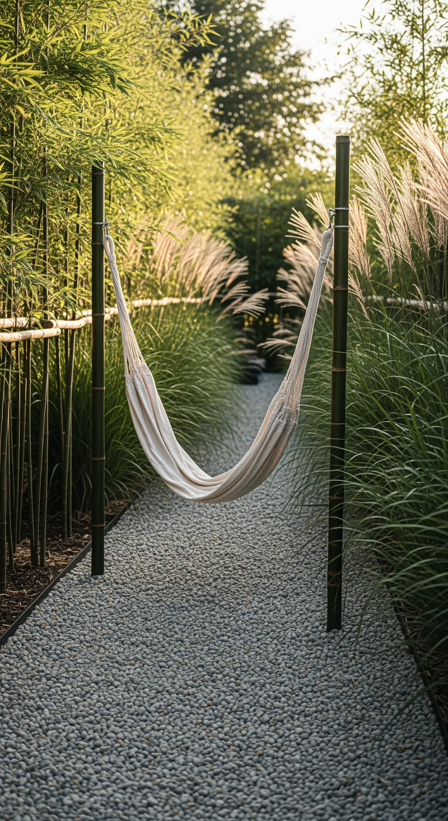 Hängematte zwischen Bambusstämmen auf Kiesweg mit Gräsern