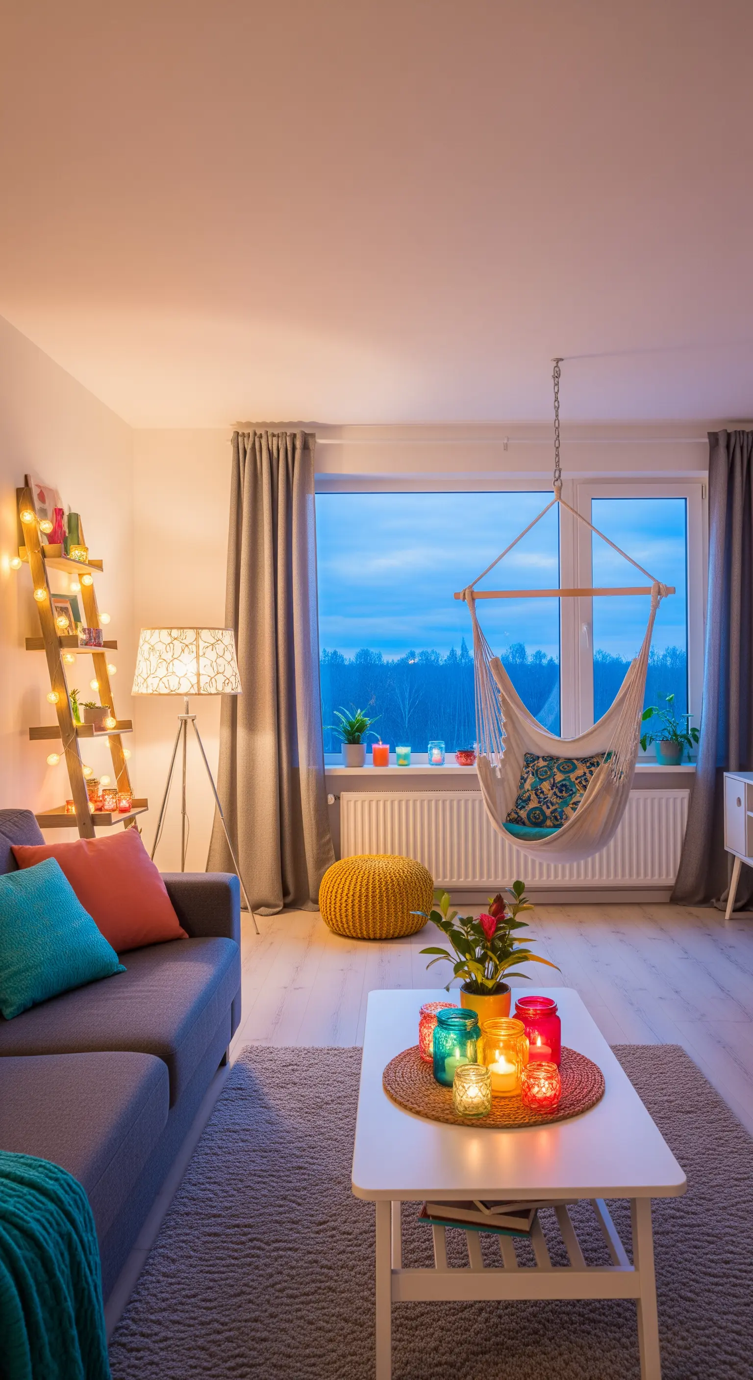 Innen-Hängematte vor großem Fenster mit bunten Kissen und Teelichtern