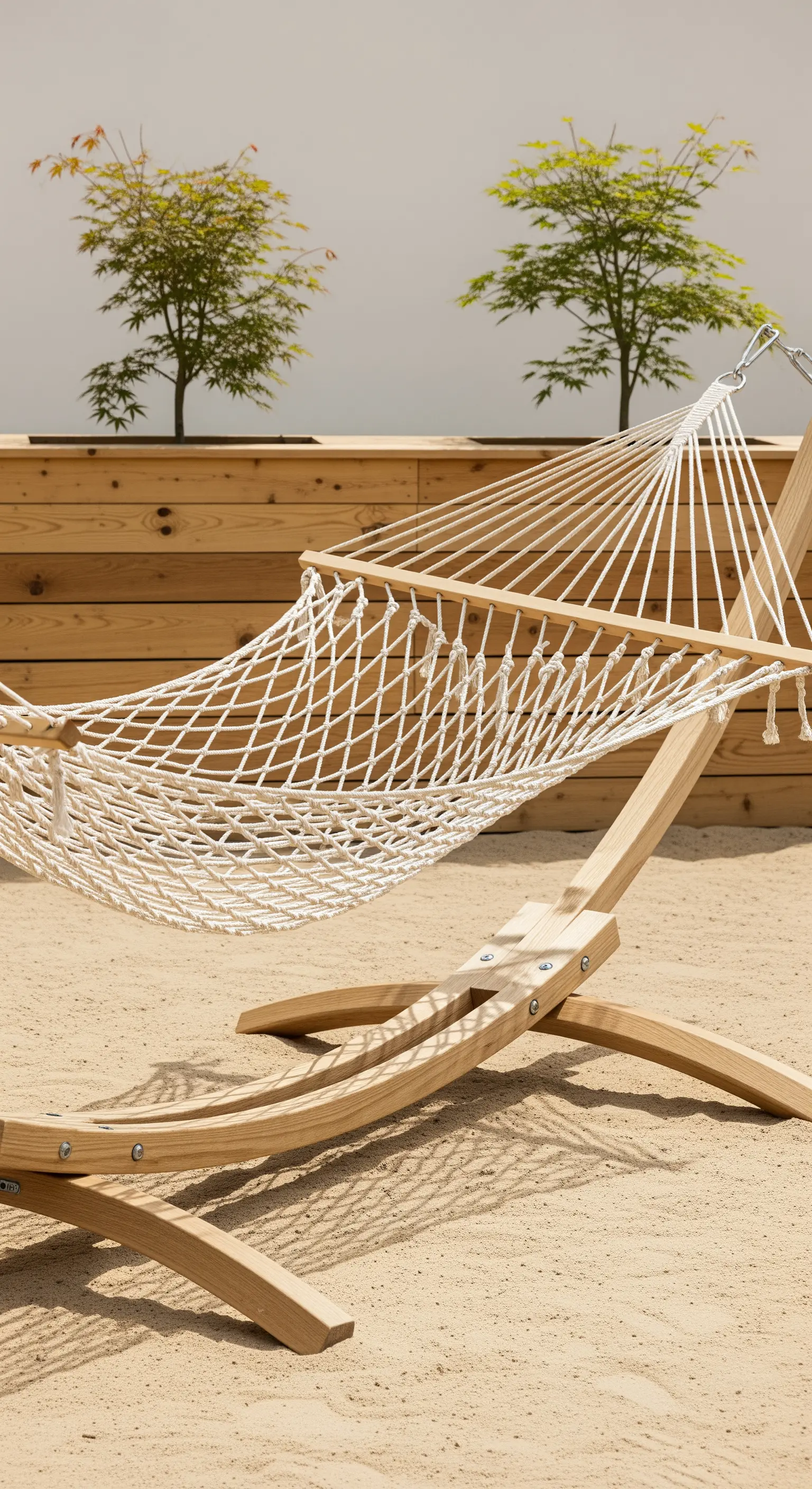 Japandi Hängematte mit Holzgestell im Sandgarten