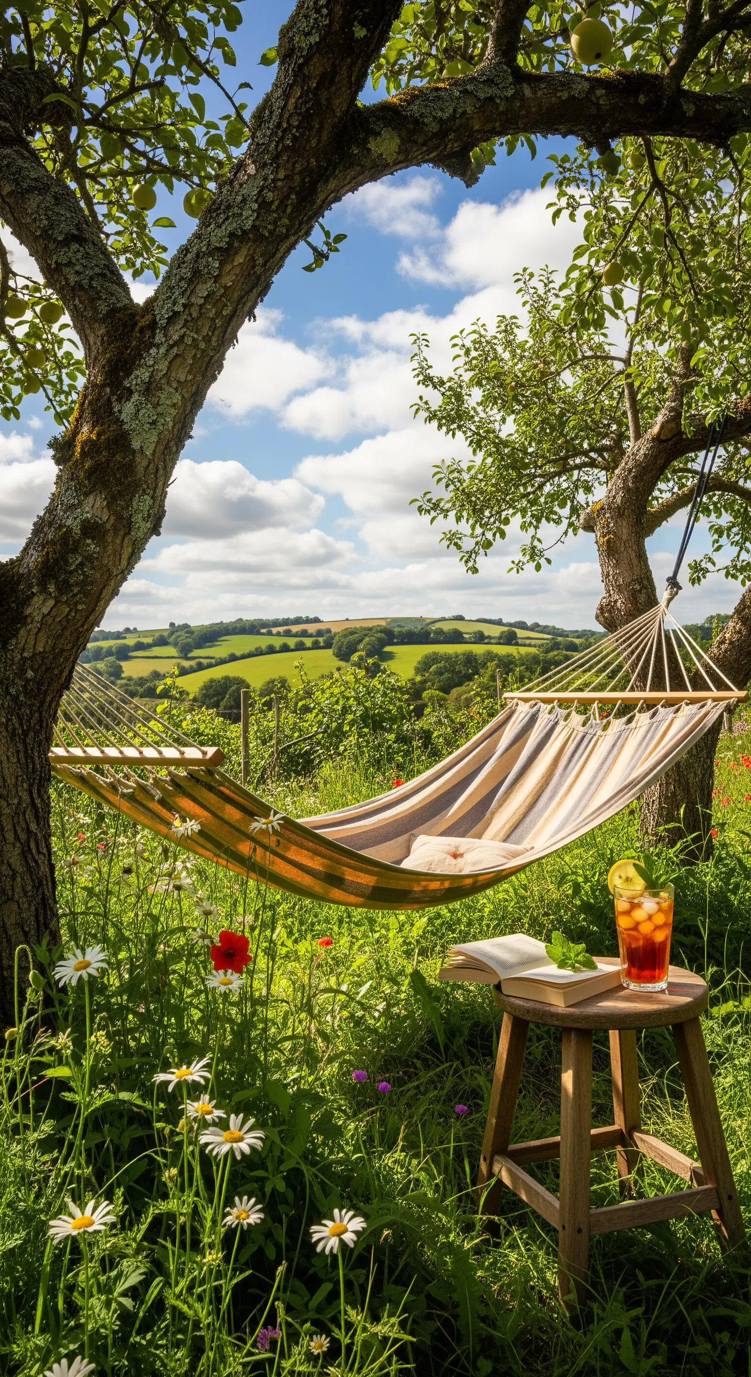 Gestreifte Hängematte zwischen Obstbäumen in einer Wildblumenwiese mit Landschaftsblick.