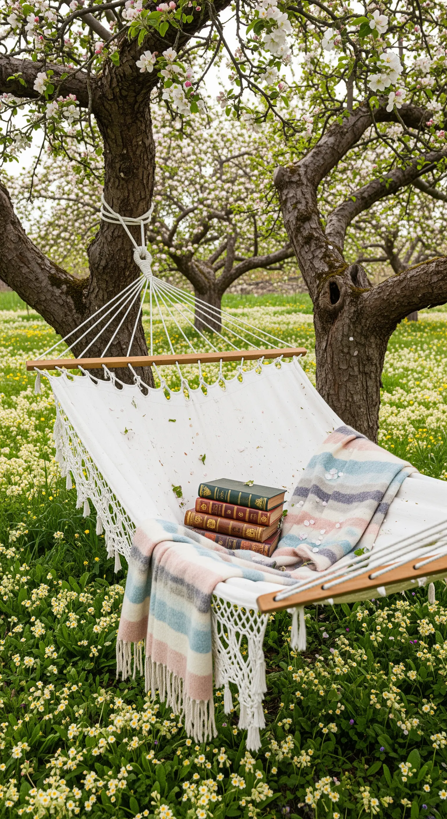 Weiße Makramee-Hängematte unter blühenden Bäumen mit Decke und Büchern