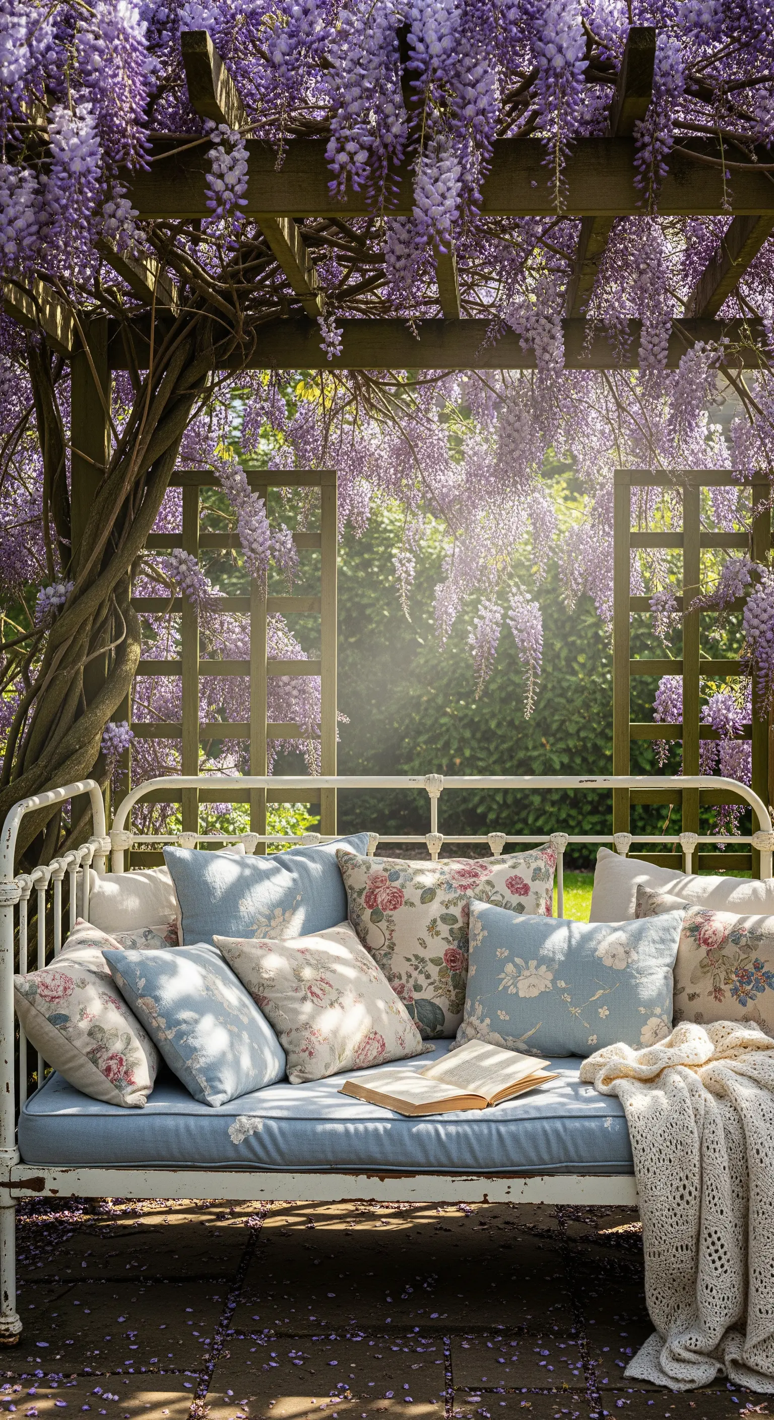 Weißes Tagesbett unter blühender Glyzinie mit vielen Kissen und Decke