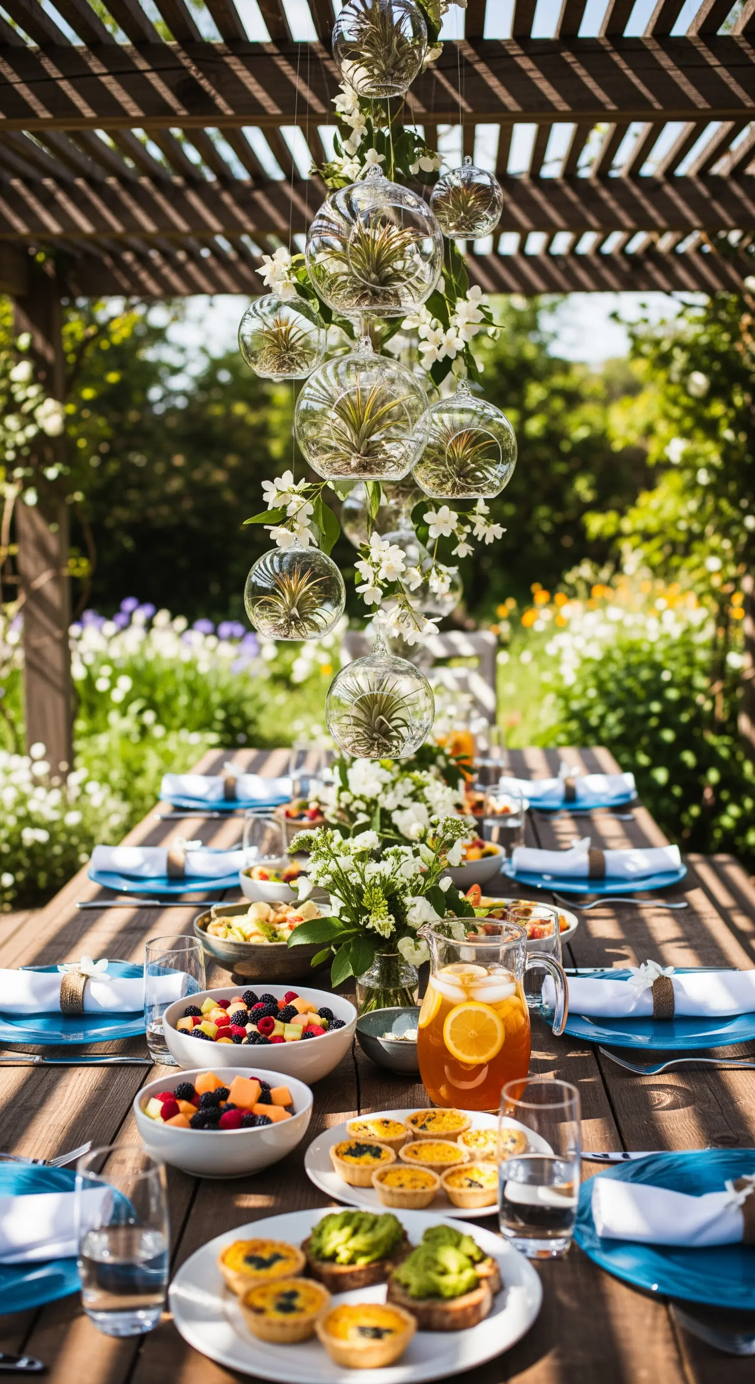 Hängende Glas-Terrarien mit Pflanzen über einer Gartentafel