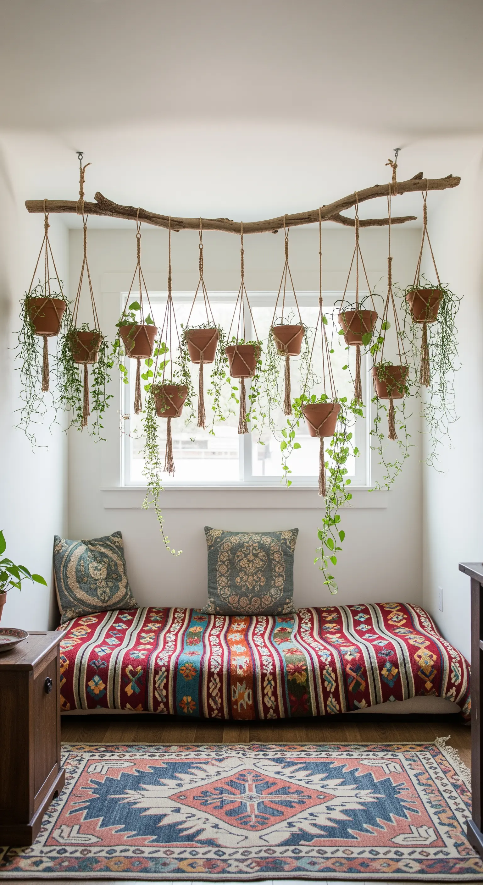 Ein von der Decke hängender Ast, an dem viele kleine Topfpflanzen in Makramee-Haltern befestigt sind.