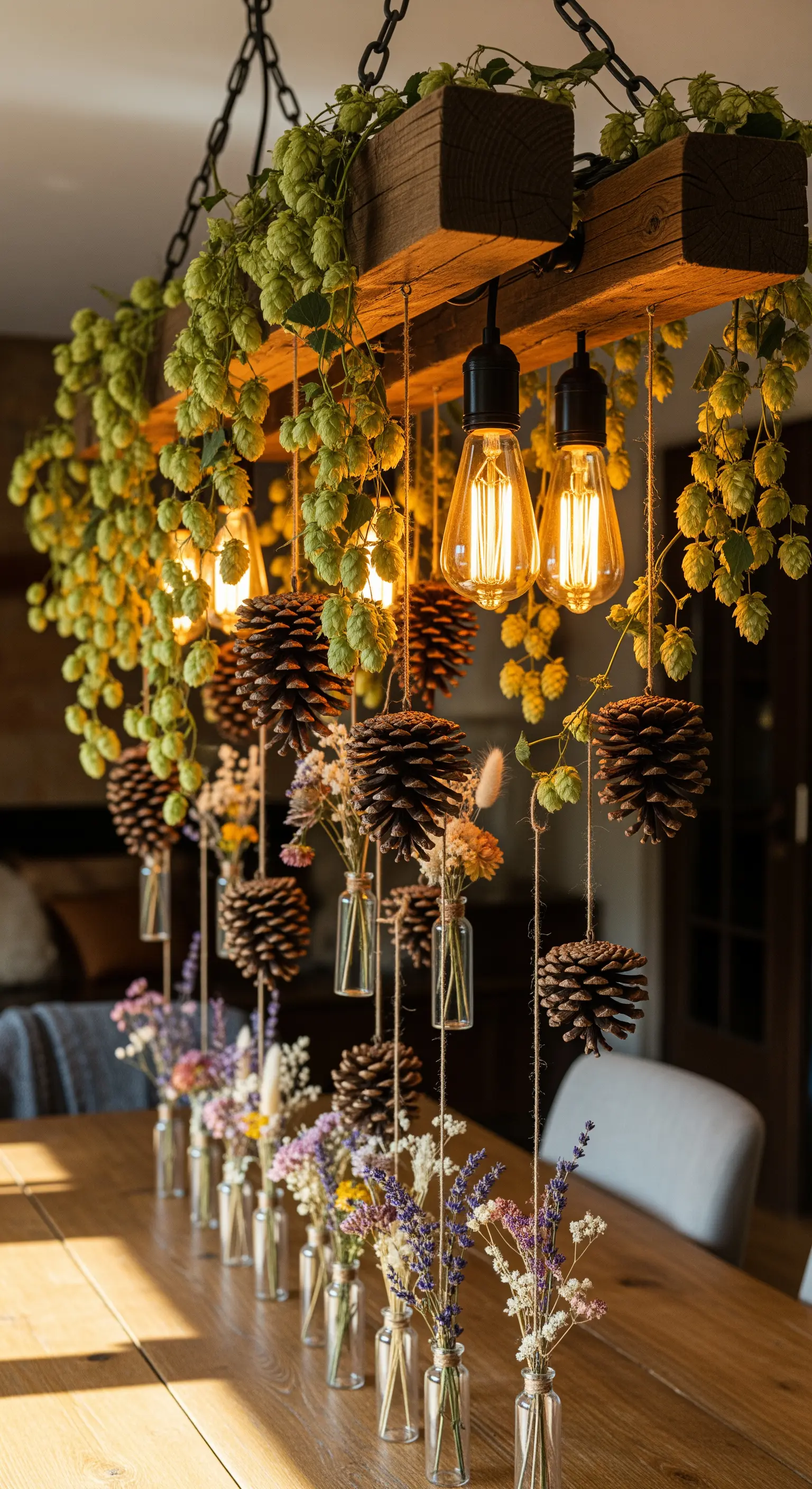 Hängende Holzbalkenleuchte mit Hopfen, Tannenzapfen und kleinen Vasen mit Trockenblumen
