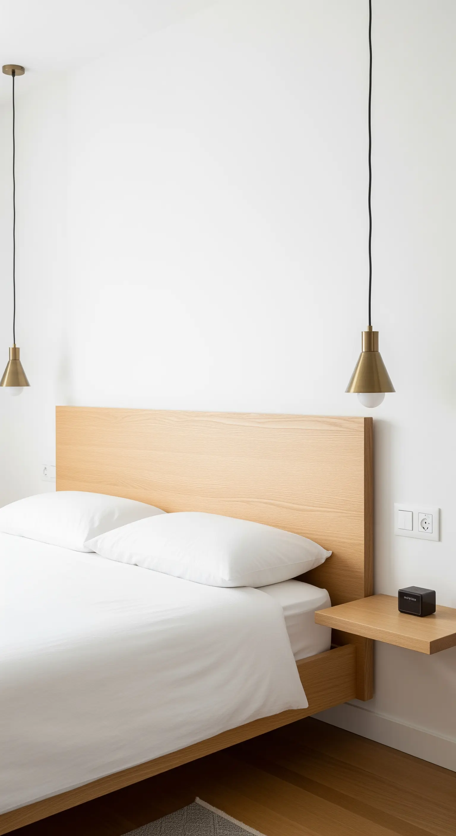 Modernes Schlafzimmer mit zwei hängenden Messing-Pendelleuchten über den Nachttischen.