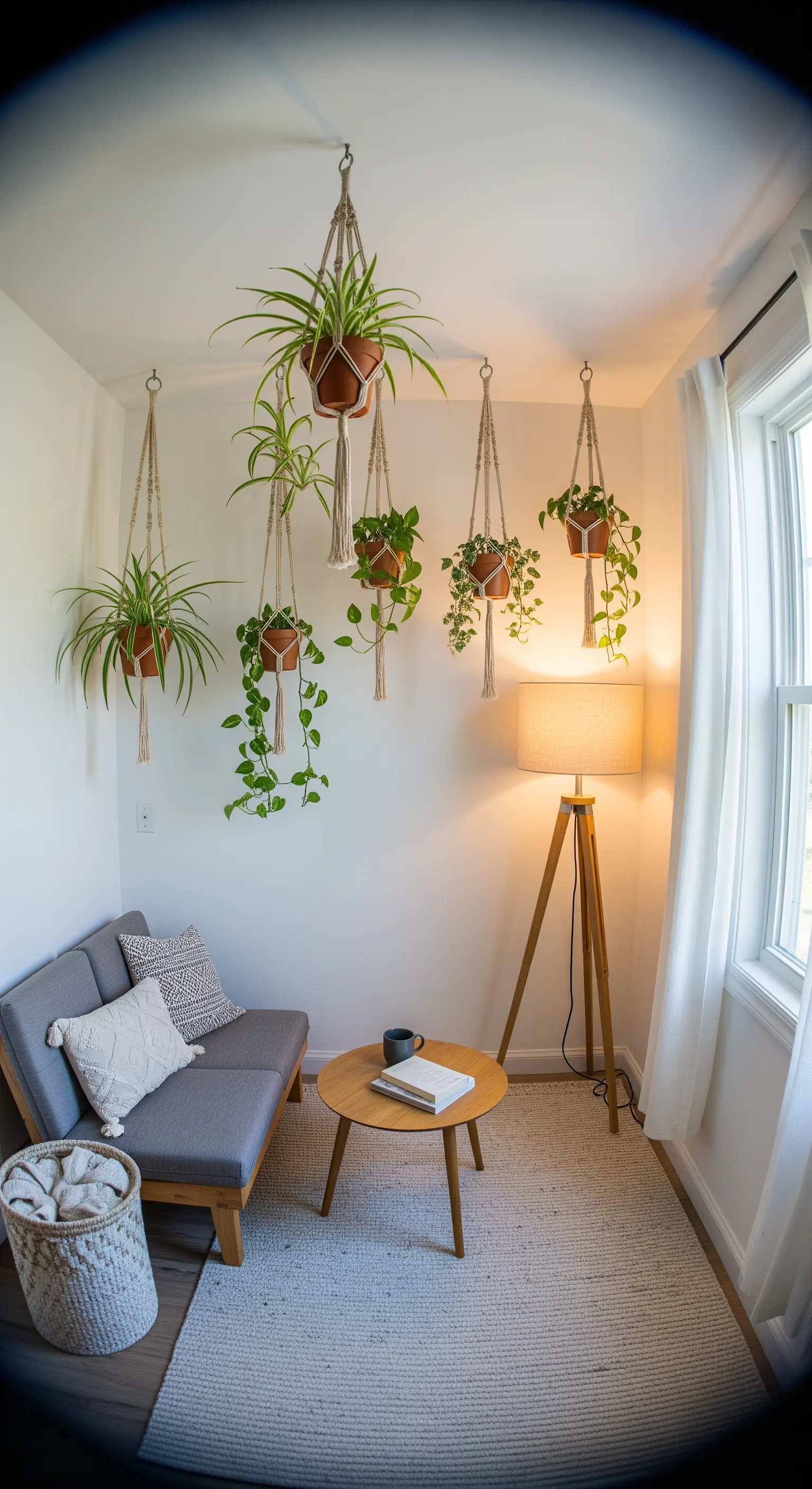 Kleiner Raum mit hängenden Makramee-Pflanzen, grauem Sofa, Holztisch und Stehlampe.