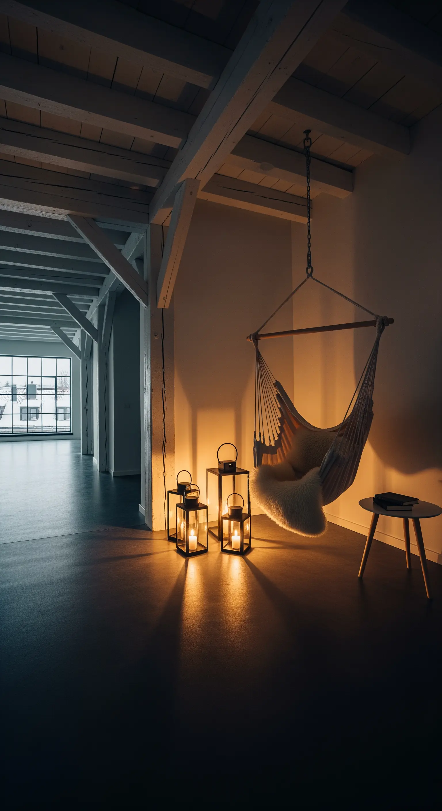 Hängesessel mit Fellkissen, Laternen mit Kerzen in rustikaler Ecke