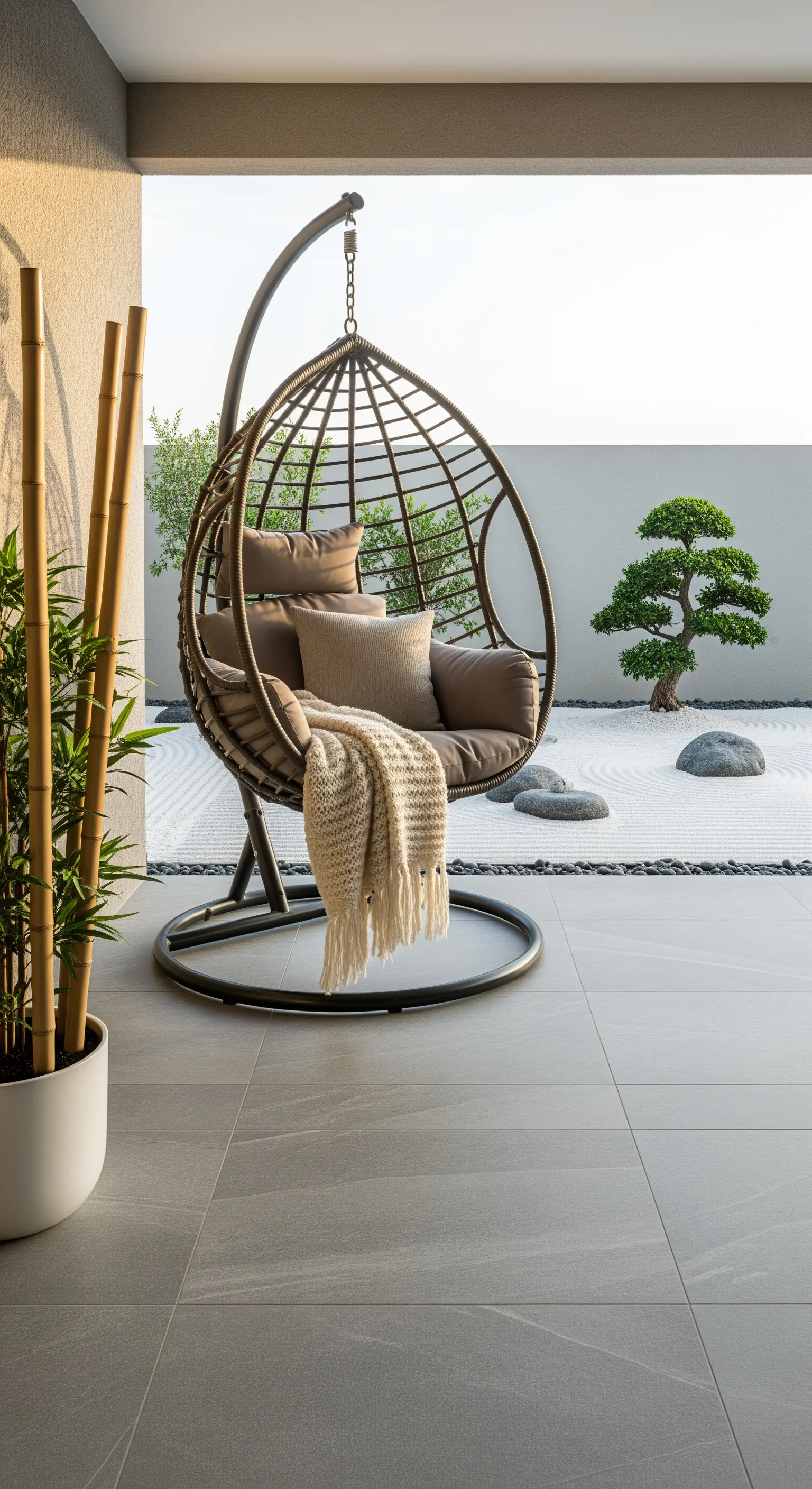 Hängesessel auf Terrasse mit Bambus und kleinem Zen-Garten