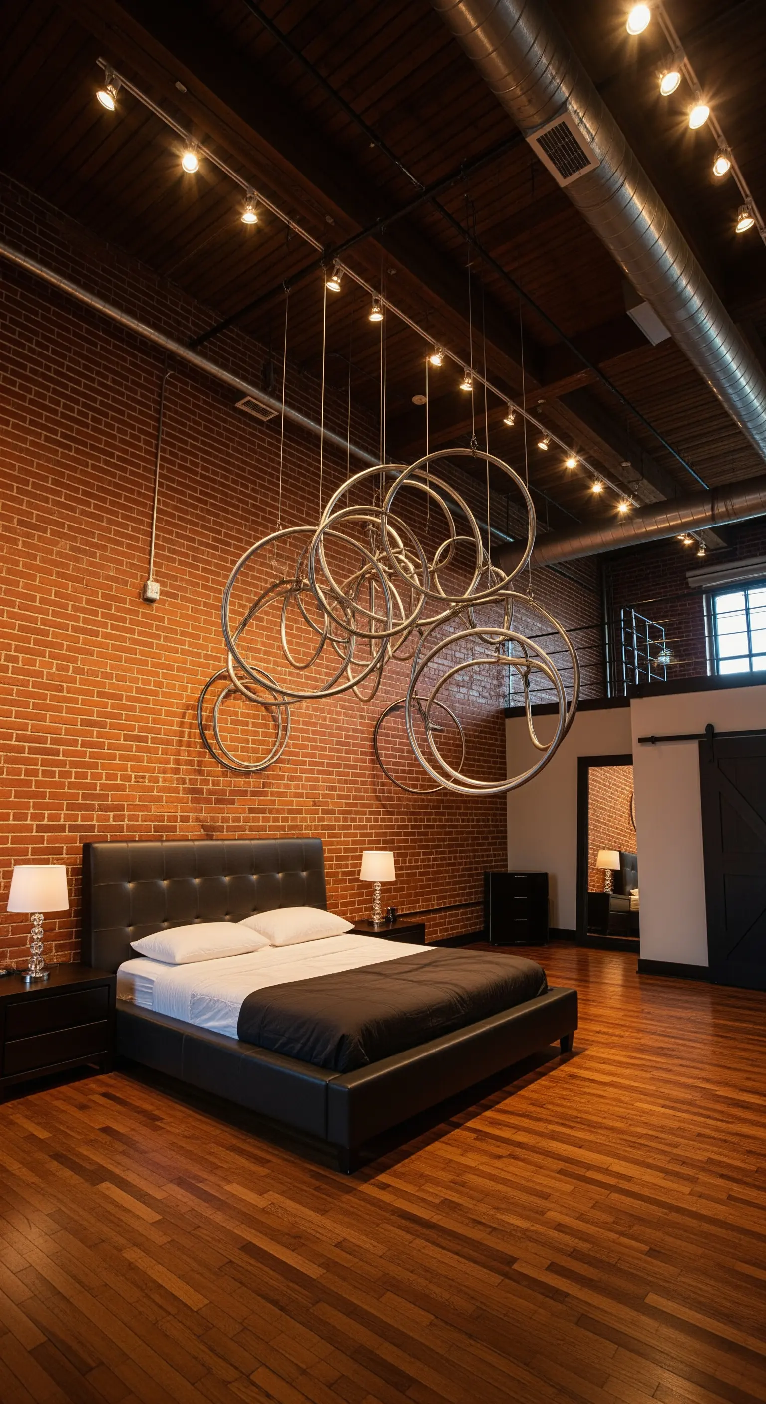 Große, hängende Skulptur aus Metallringen in einem industriellen Loft-Schlafzimmer.