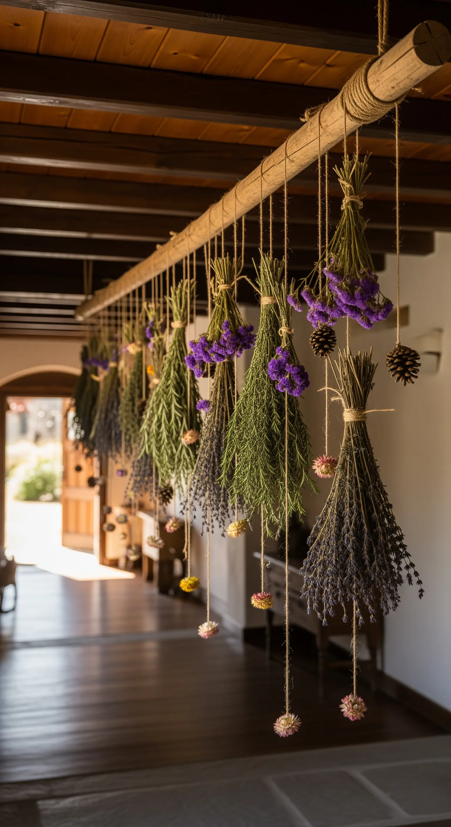 Hängende Dekoration aus Holzstange mit Trockenblumenbündeln und Tannenzapfen