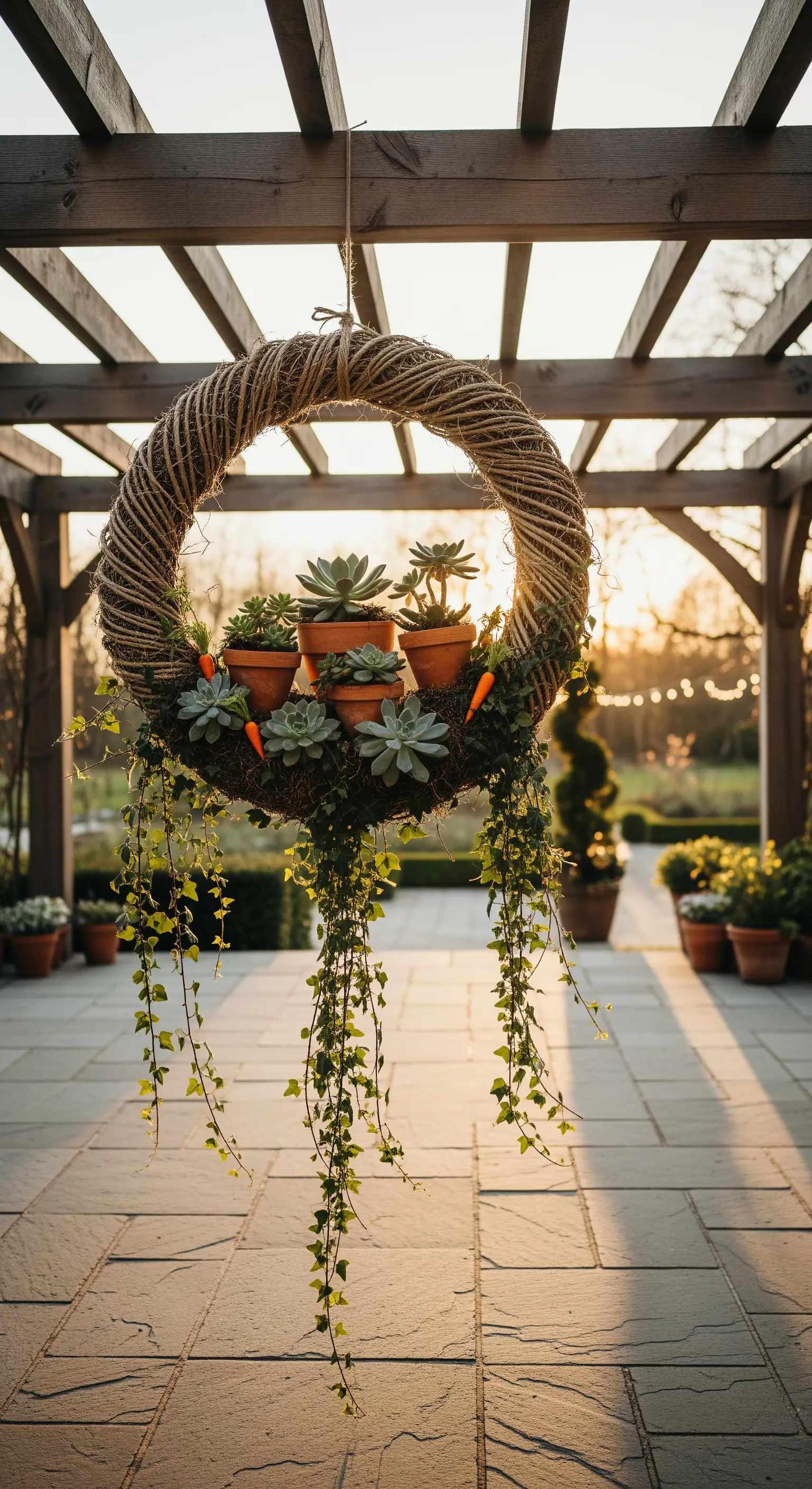 Rustikaler Kranz mit Sukkulenten und Efeu unter Pergola