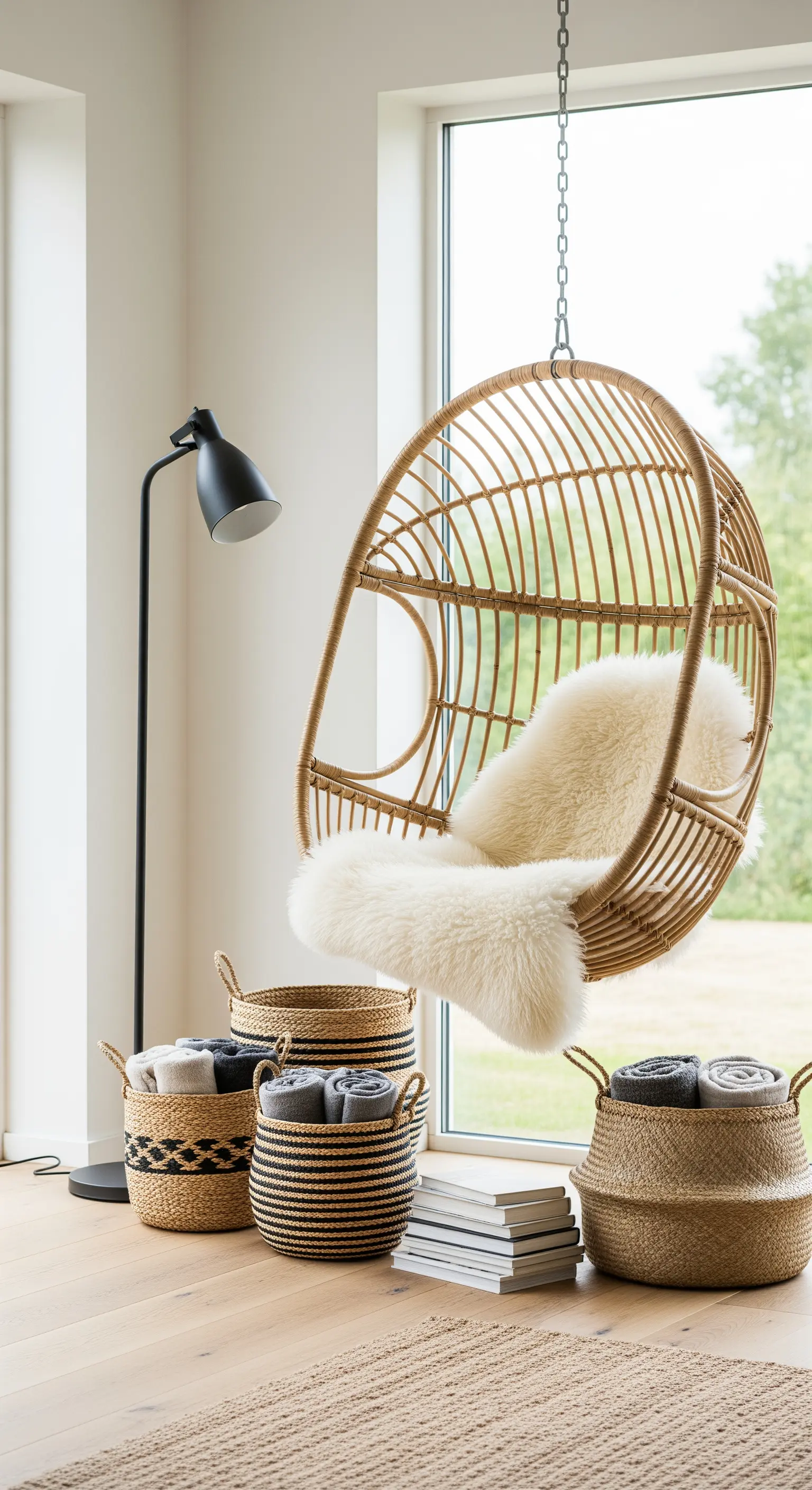 Rattan Hängesessel, geflochtene Körbe und schlichte Stehlampe