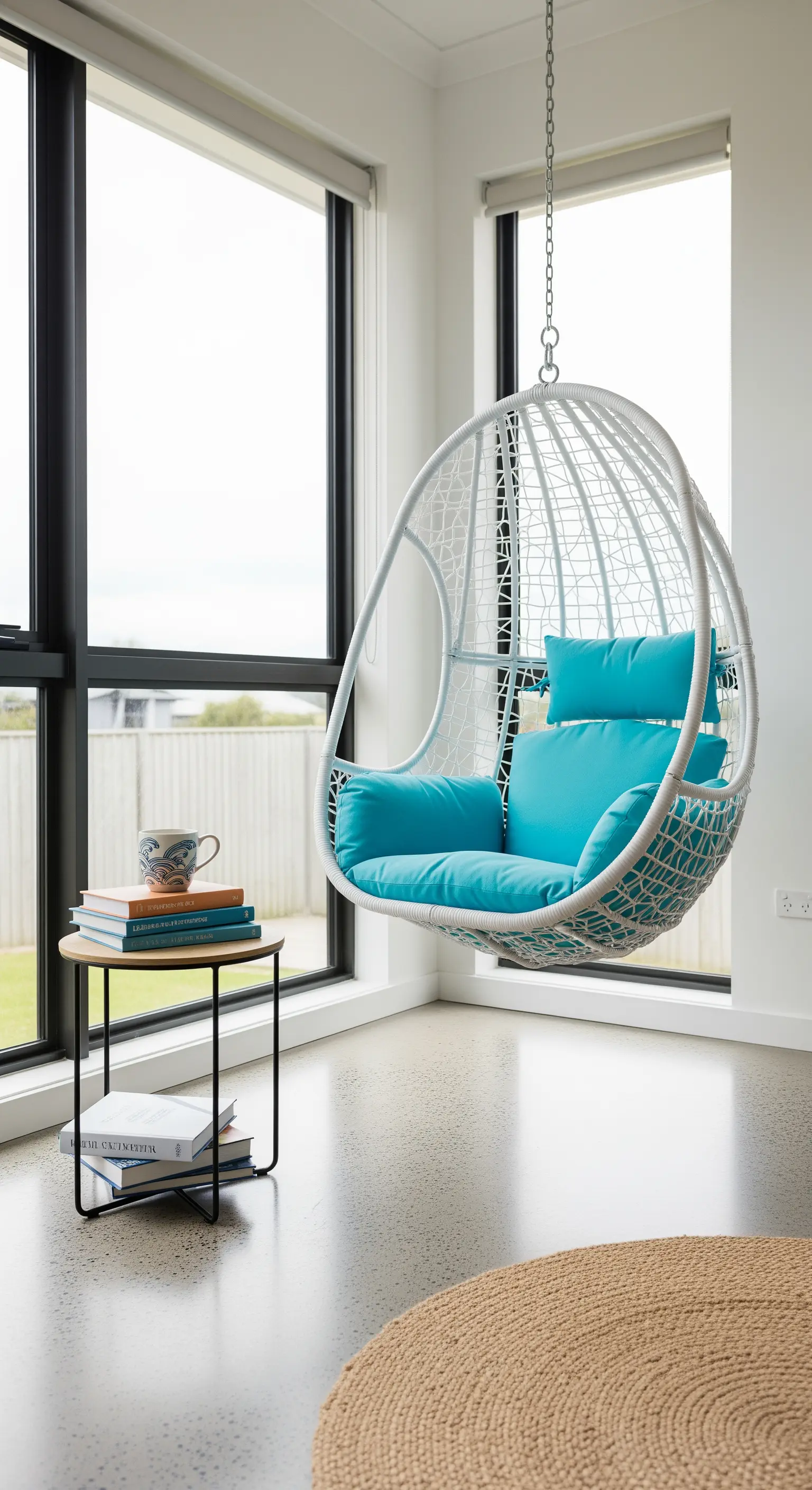 Hängesessel, Türkis Kissen, Fensternische