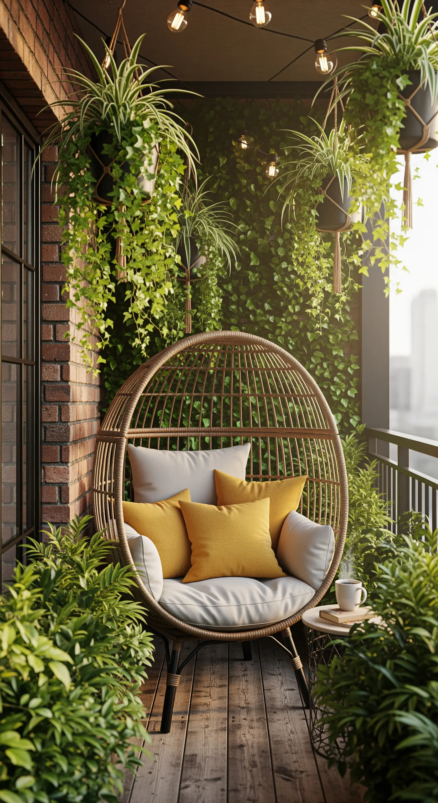 Hängesessel auf Balkon mit vielen Pflanzen und Lichterketten