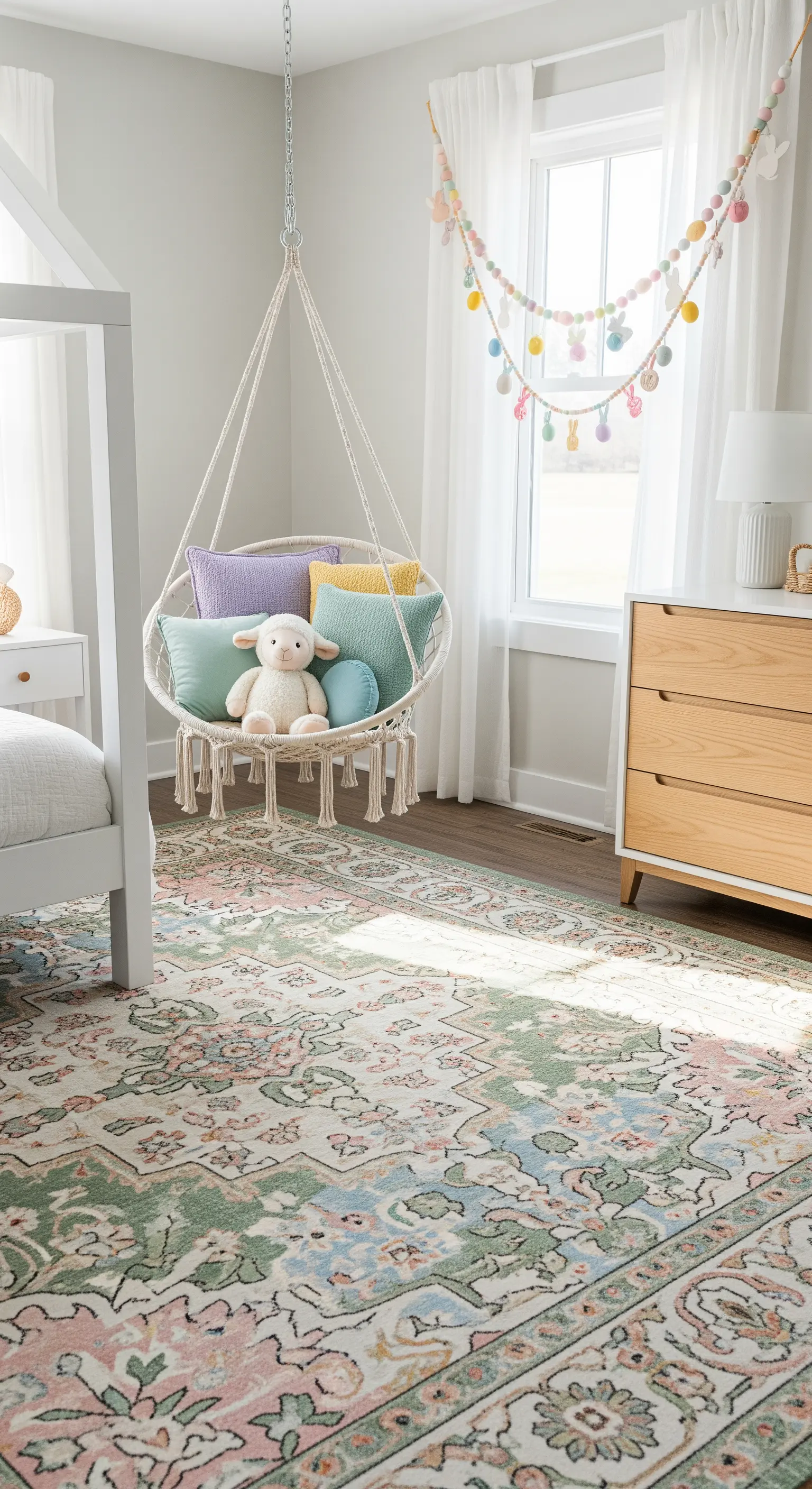 Hängesessel mit Pastellkissen, Ostereier-Girlande im Kinderzimmer.