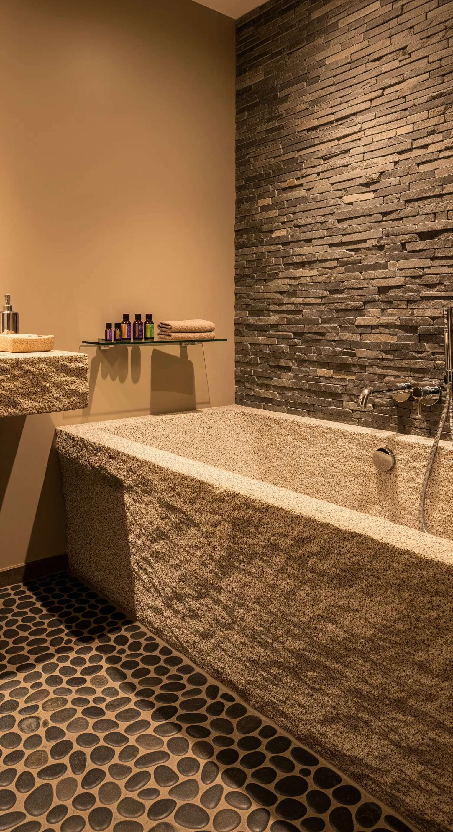 Badezimmer mit rauer Steinbadewanne, einer Akzentwand aus Schiefer und einem Kieselsteinboden.