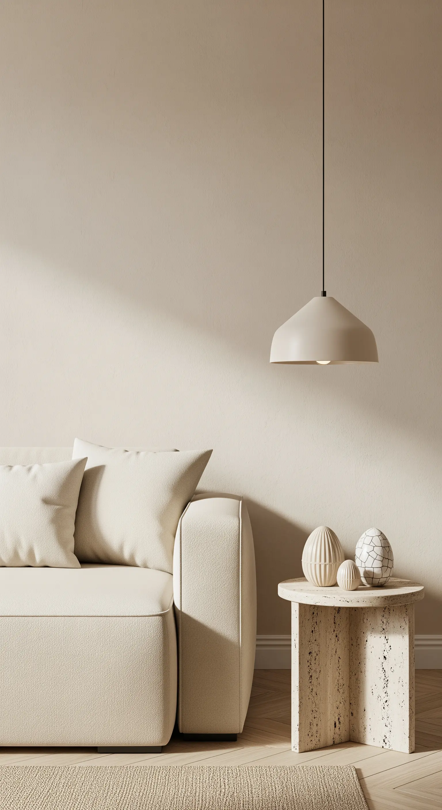 Drei cremefarbene Deko-Eier mit unterschiedlichen Oberflächen auf einem Travertin-Tisch.