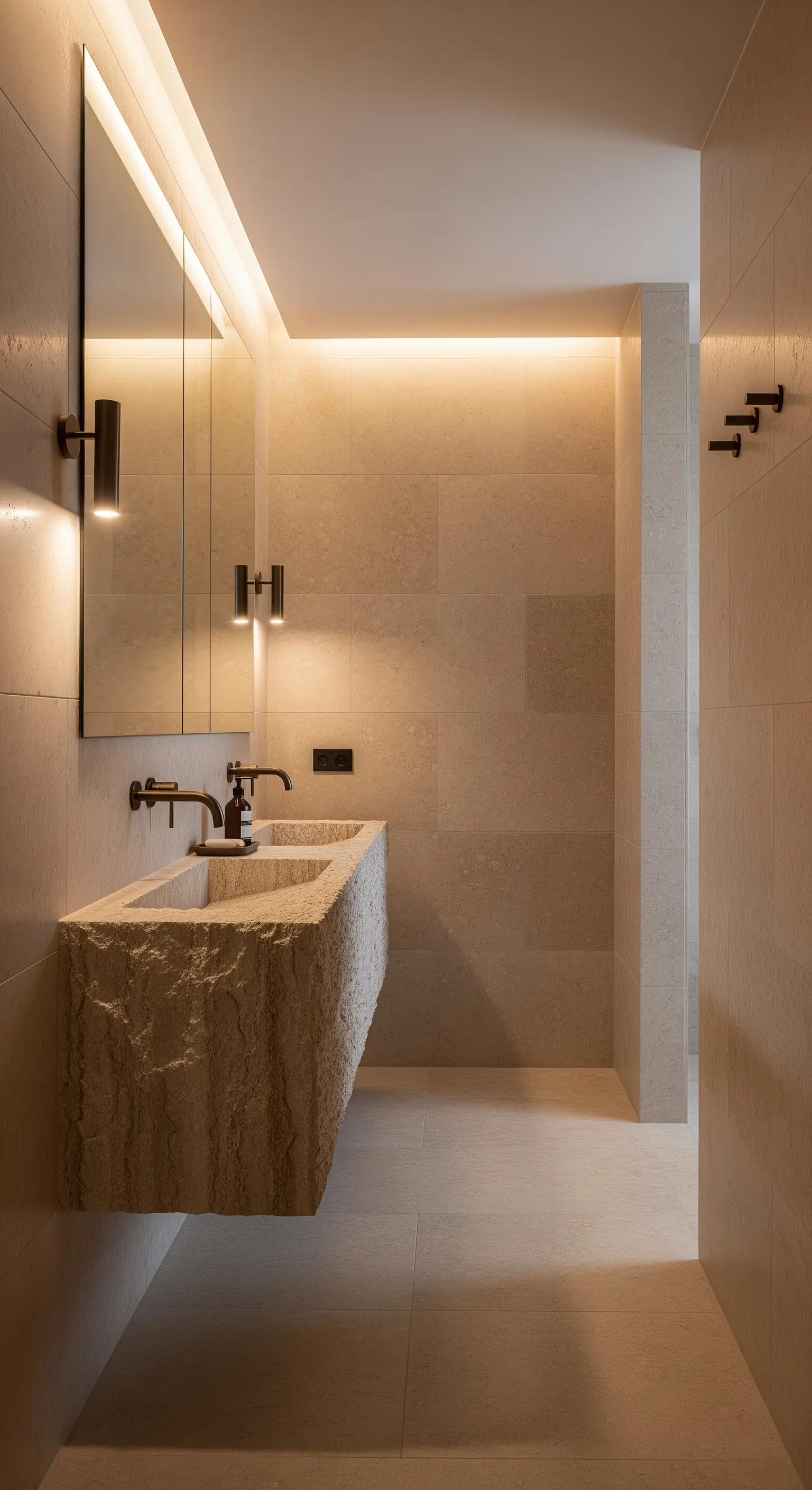 Schwebender Doppelwaschtisch aus rau behauenem Naturstein mit indirekter Beleuchtung.