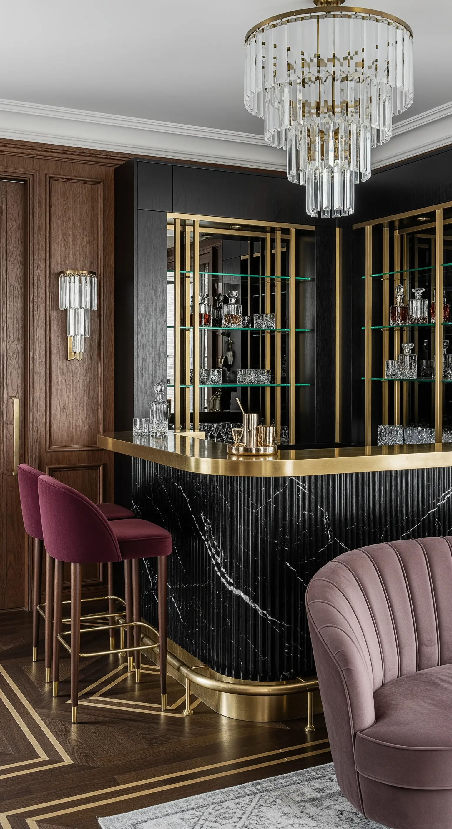 Gerillte schwarze Marmorbar mit glatter Messingplatte als Texturkontrast.