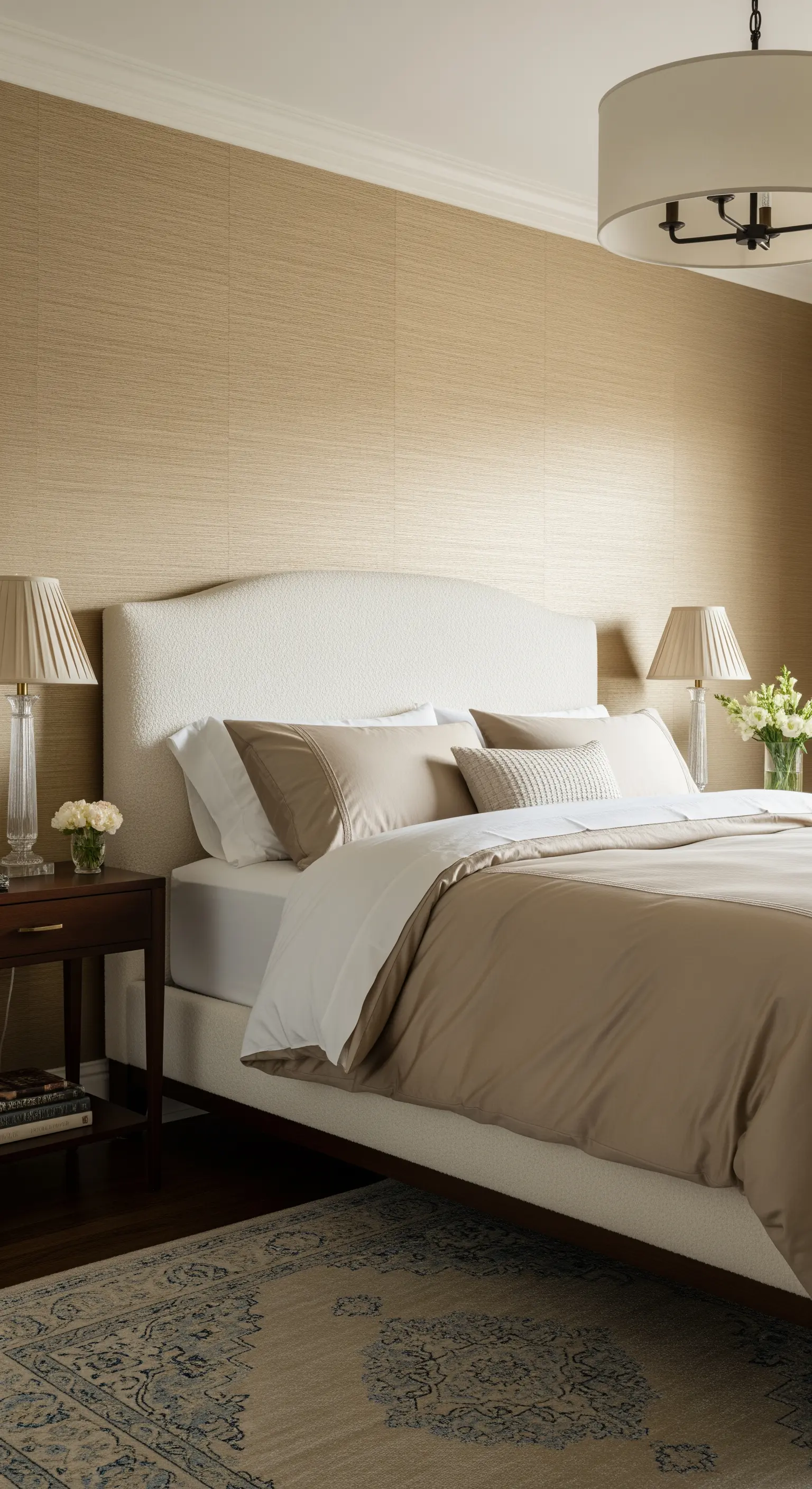 Schlafzimmer mit beigefarbener Grastapete und einem Kopfteil aus hellem Bouclé.