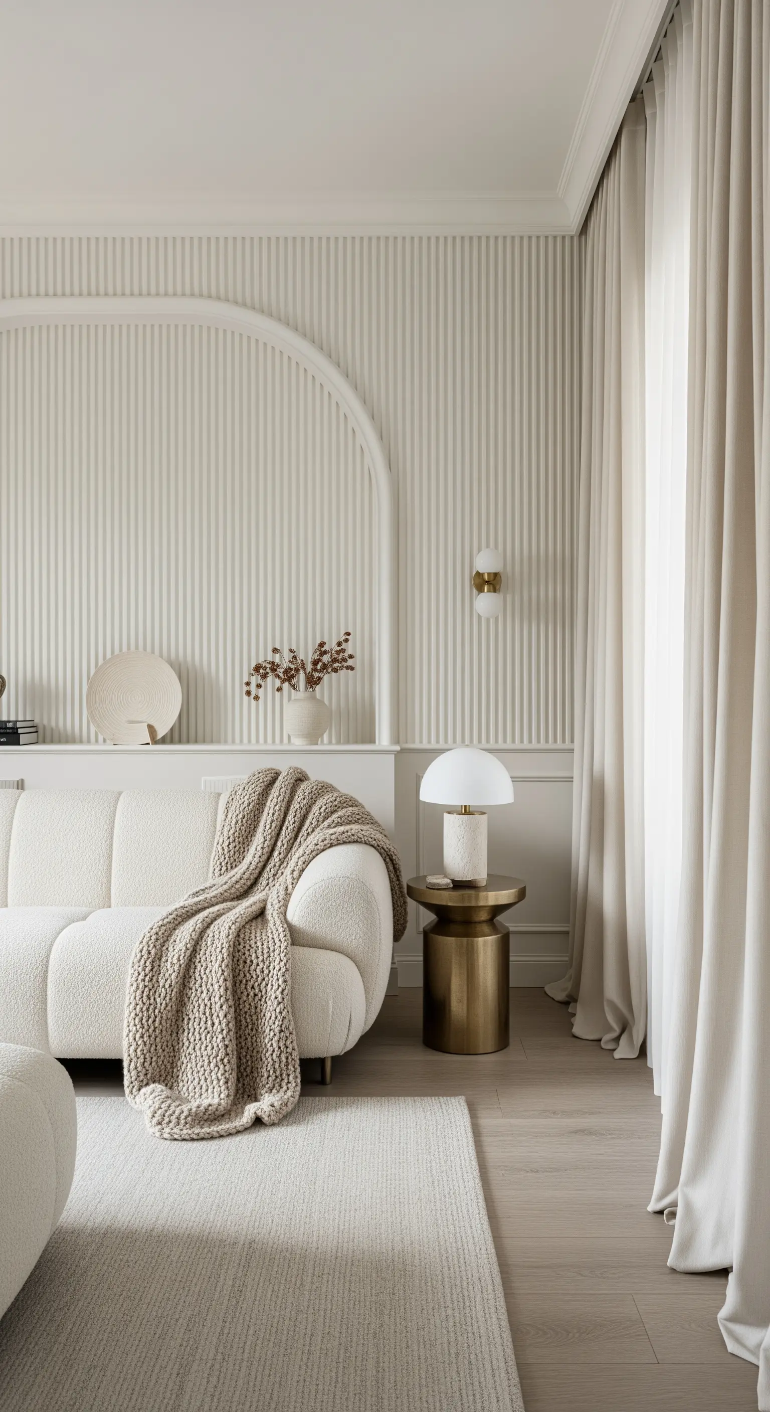 Detailaufnahme eines weißen Bouclé-Sofas mit Strickdecke und Messing-Beistelltisch.