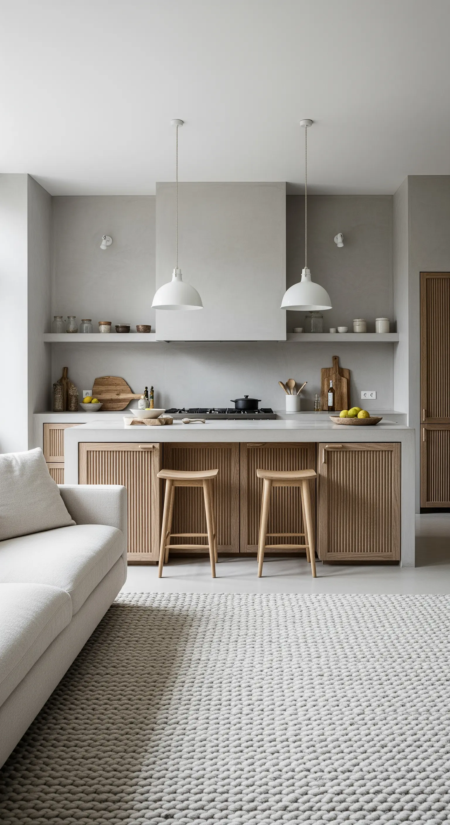 Japandi-Wohnküche mit geriffelten Holzfronten und einem grob gewebten Teppich.