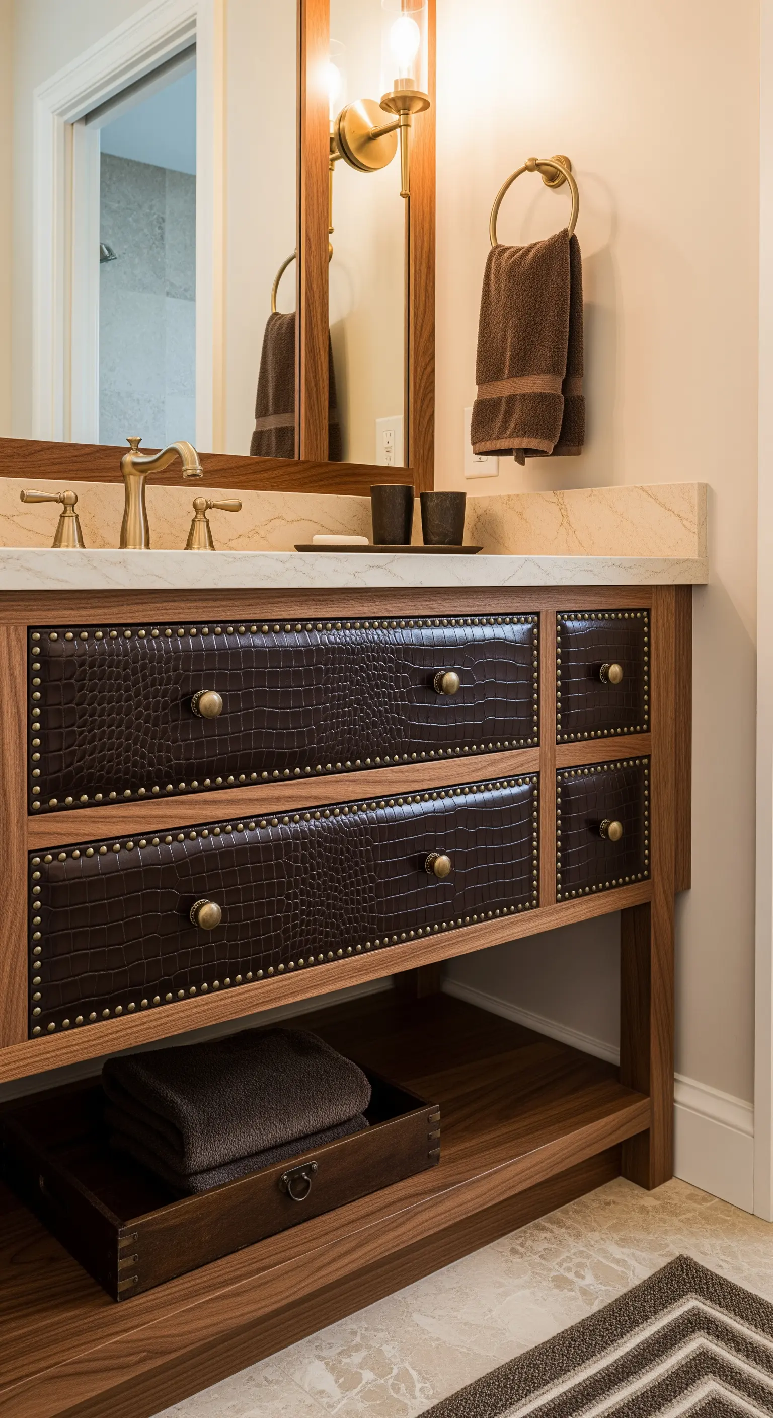 Waschtisch mit Schubladen aus geprägtem Leder und Messing-Nieten.