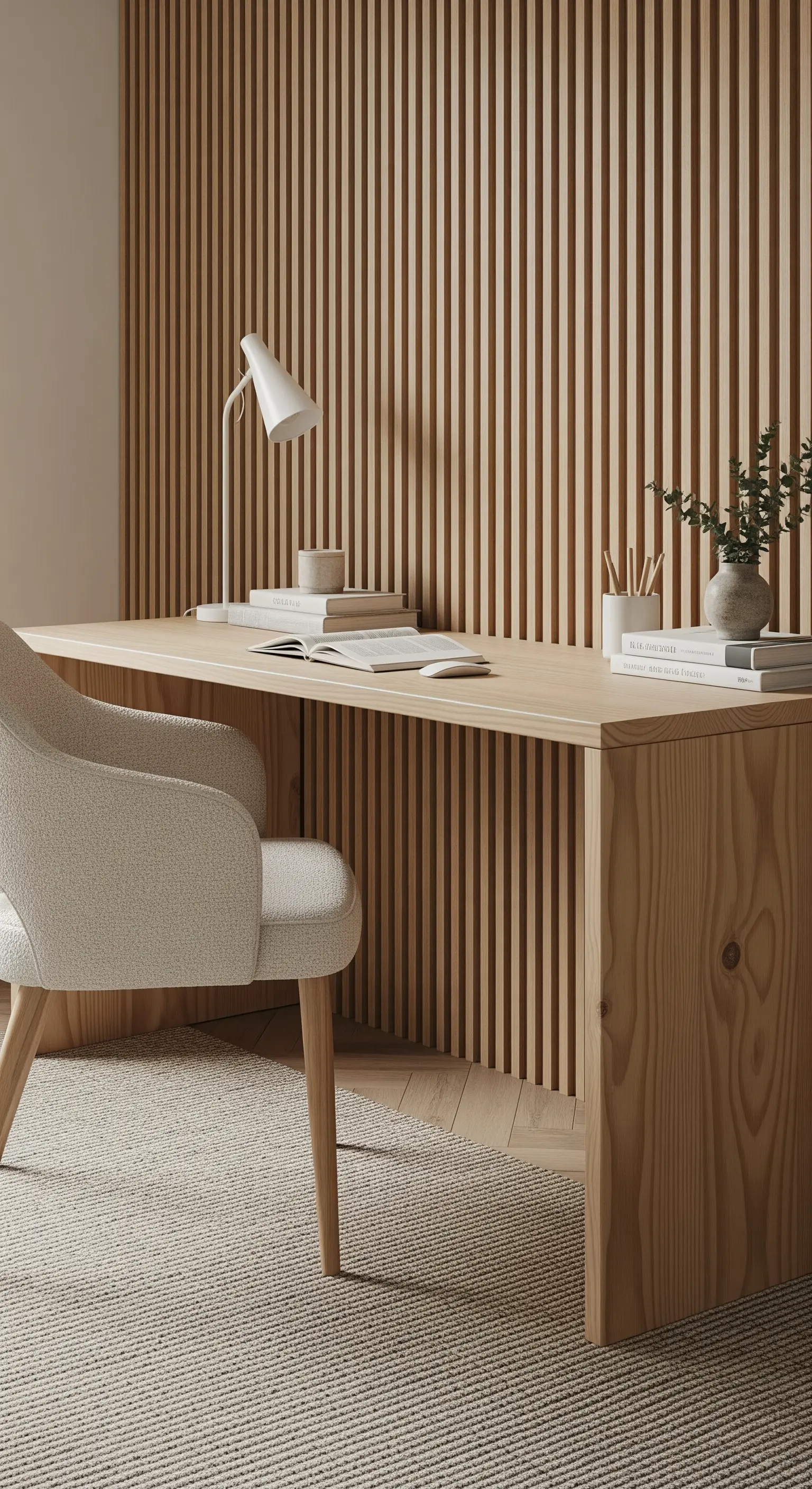 Homeoffice mit einem Schreibtisch aus hellem Holz vor einer Wand mit Holzlamellen.