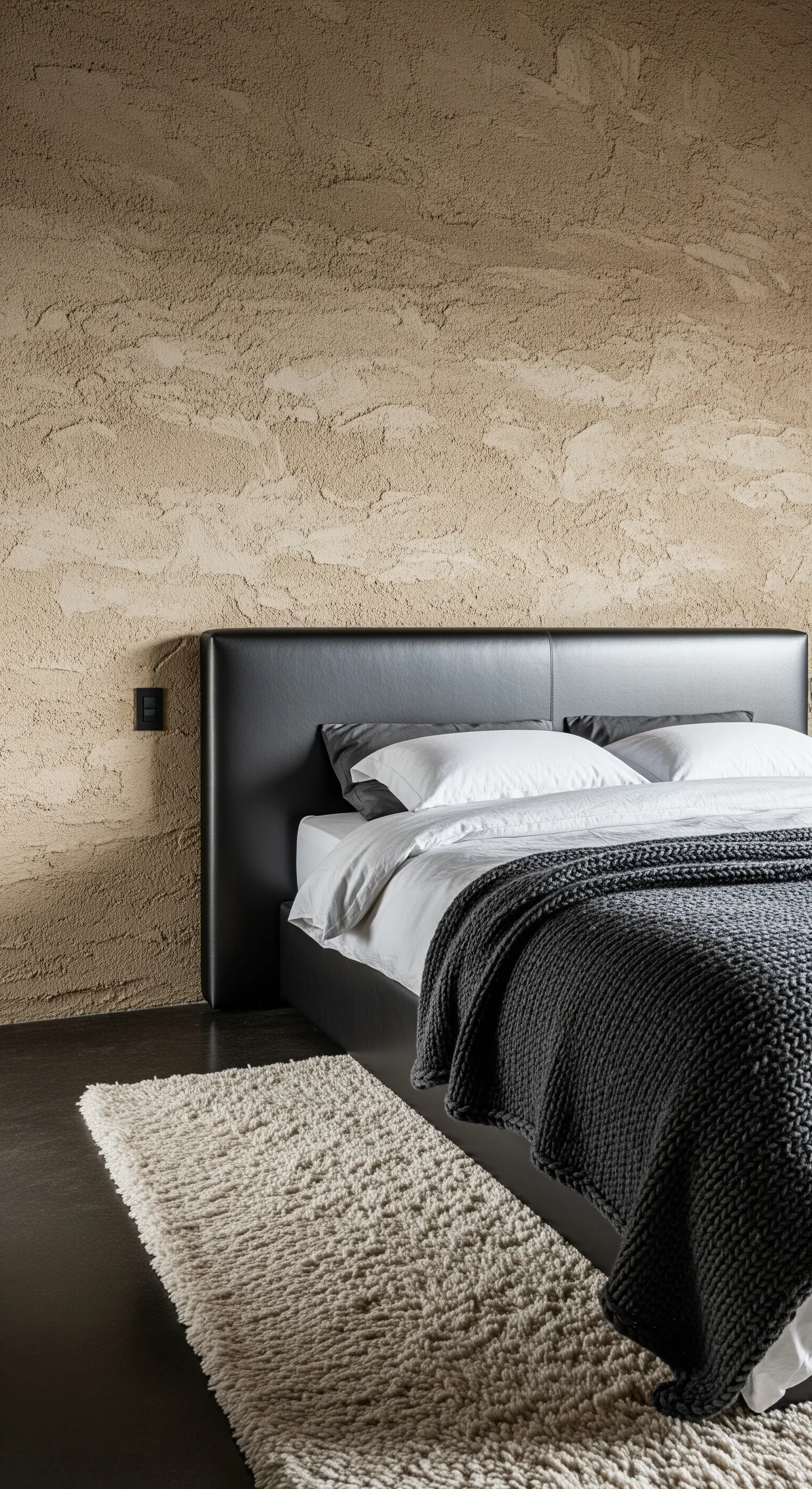 Schwarzes Lederkopfteil vor einer beigen Strukturwand mit einem weißen Hochflorteppich.