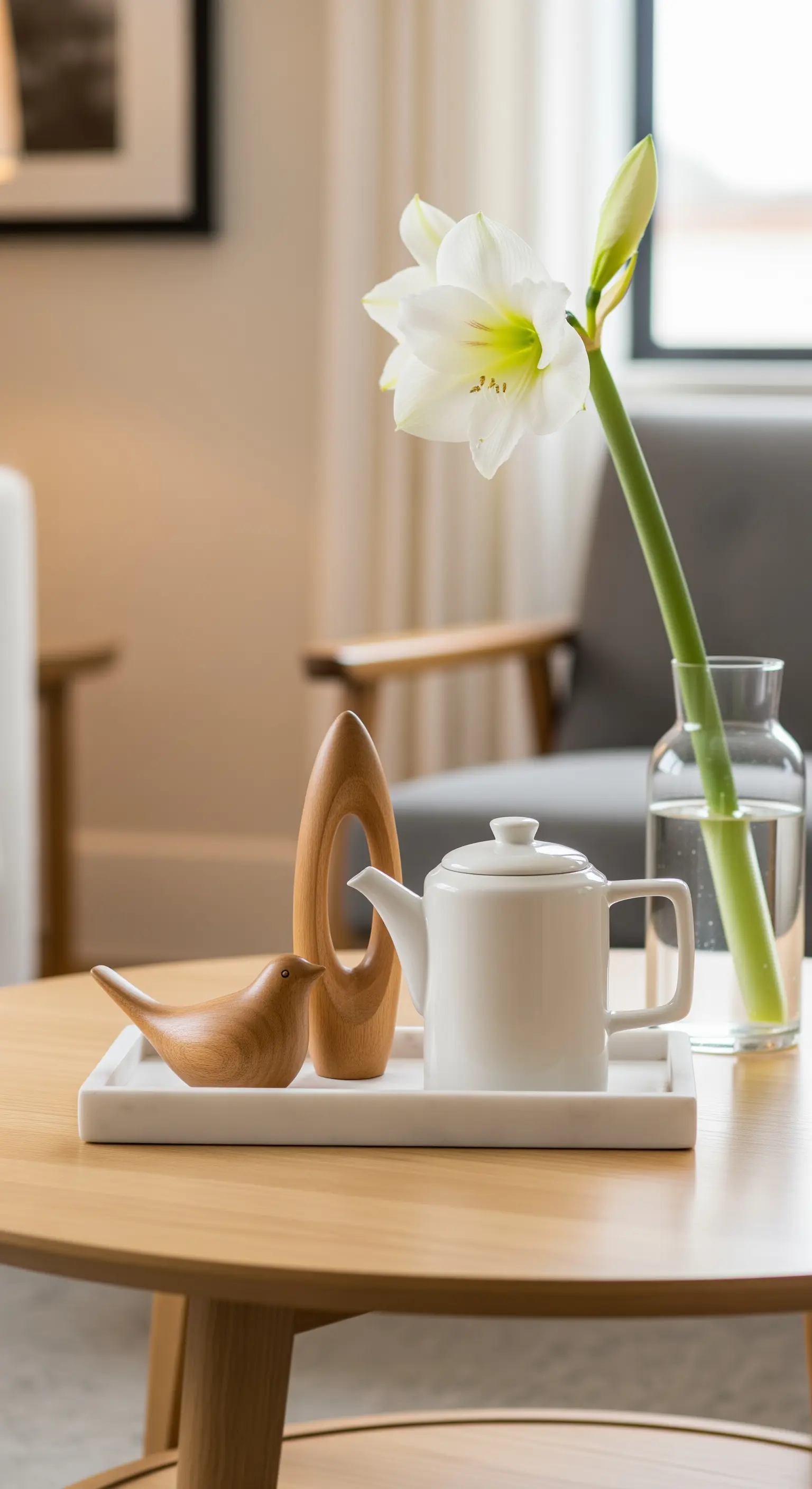 Couchtisch mit weißem Tablett, Teekanne, Holzvogel und weißer Blume