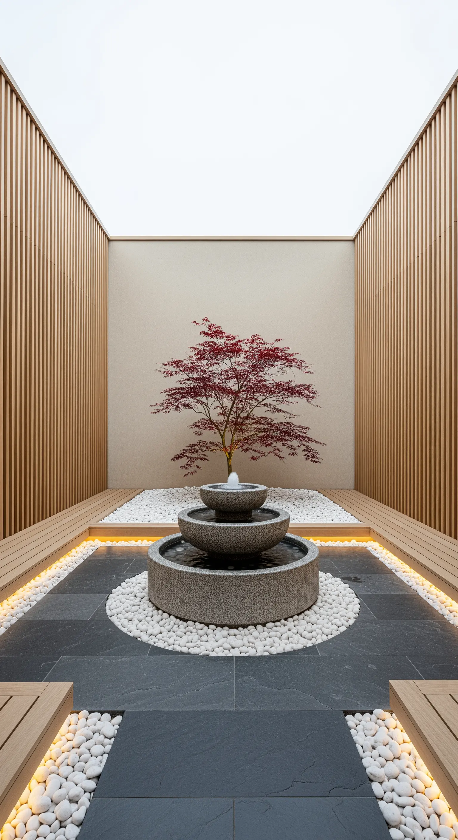 Japandi Innenhof mit Ahorn, Zen-Brunnen, Holzlamellen und weißem Kies