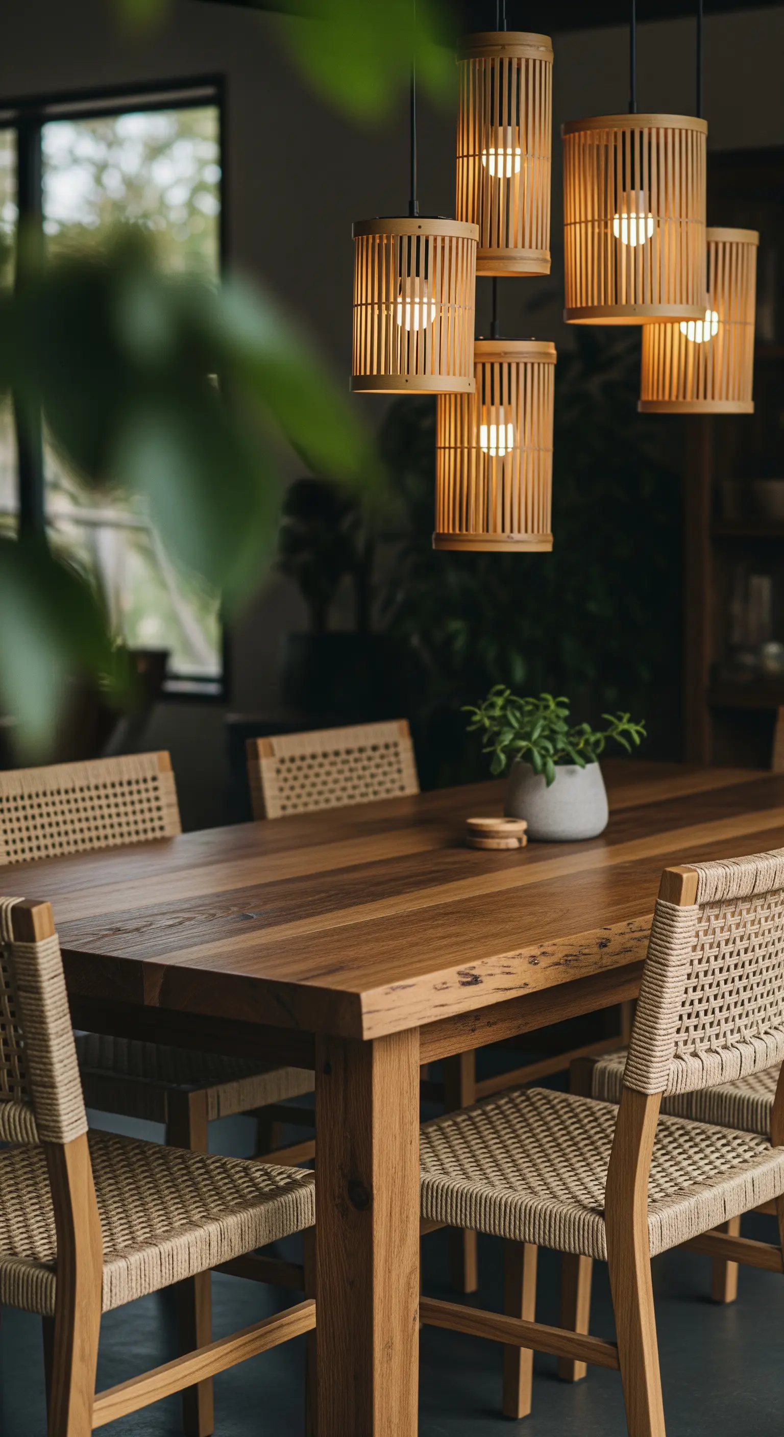 Esszimmer mit Holztisch, Geflechtstühlen und zylindrischen Bambus-Pendelleuchten