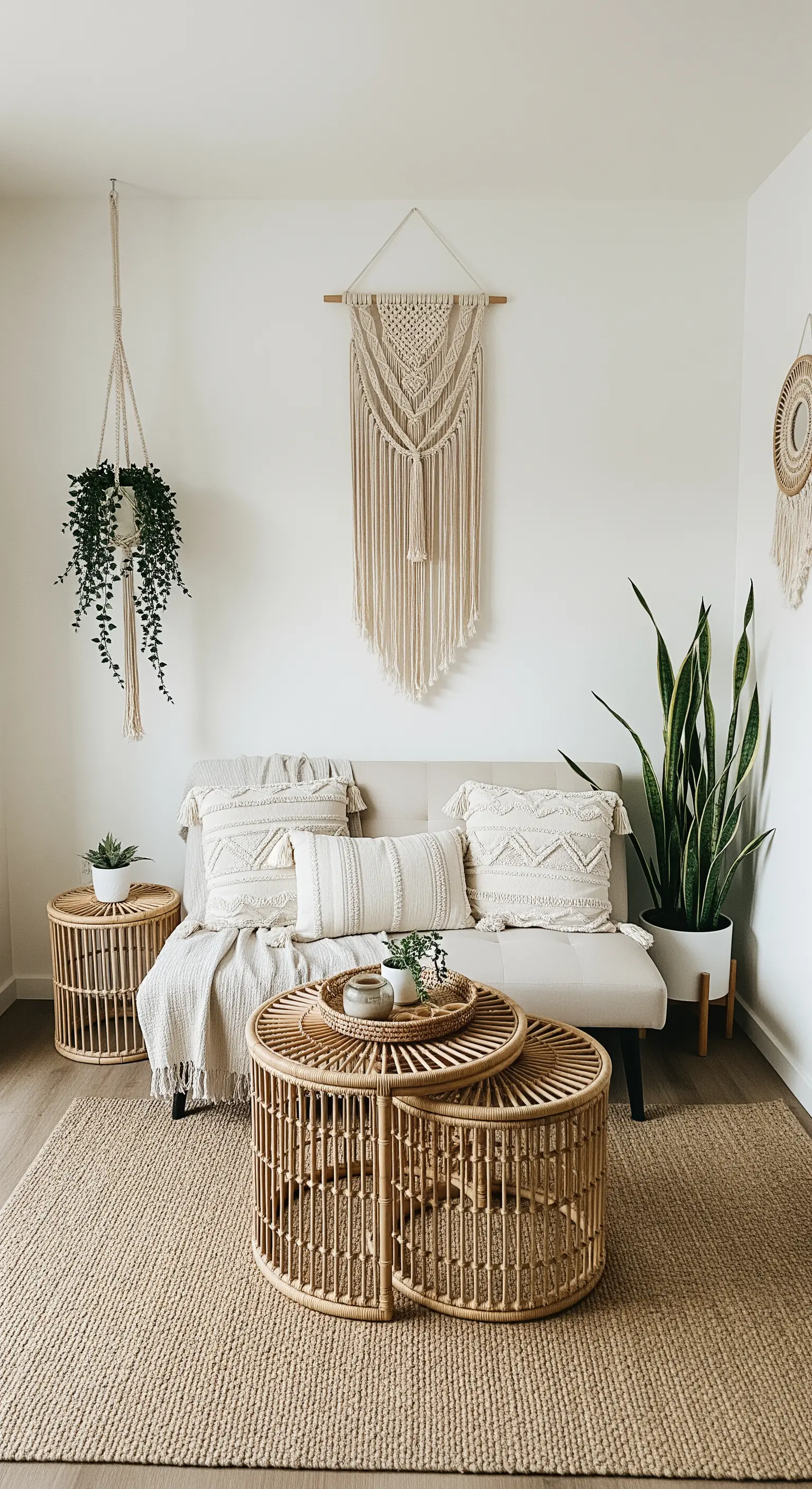 Kleines, helles Wohnzimmer mit Rattan-Möbeln, beigem Sofa und Makramee-Dekor.