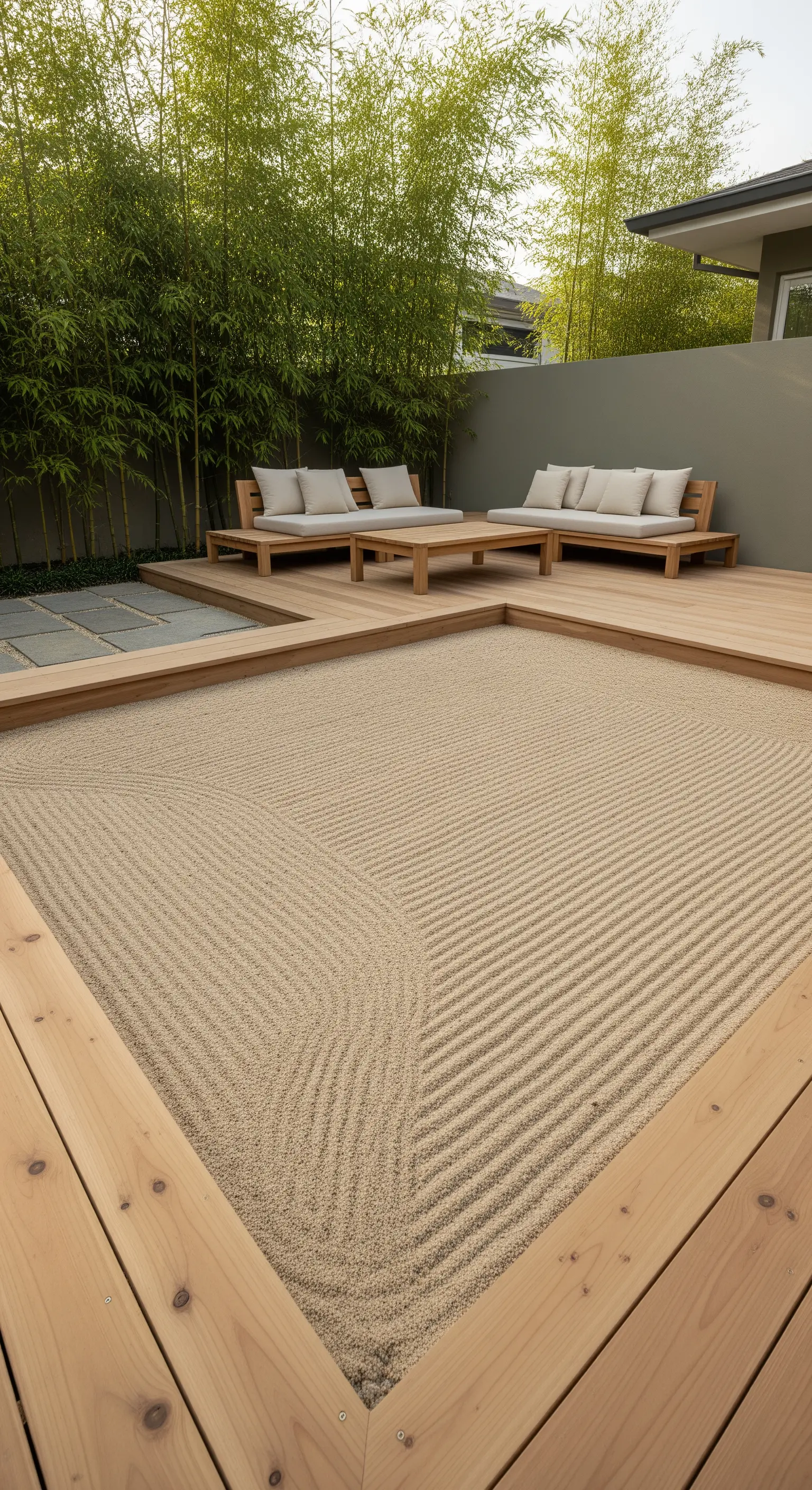 Ruhiger Japandi Sandgarten mit Holzdeck und Bambus