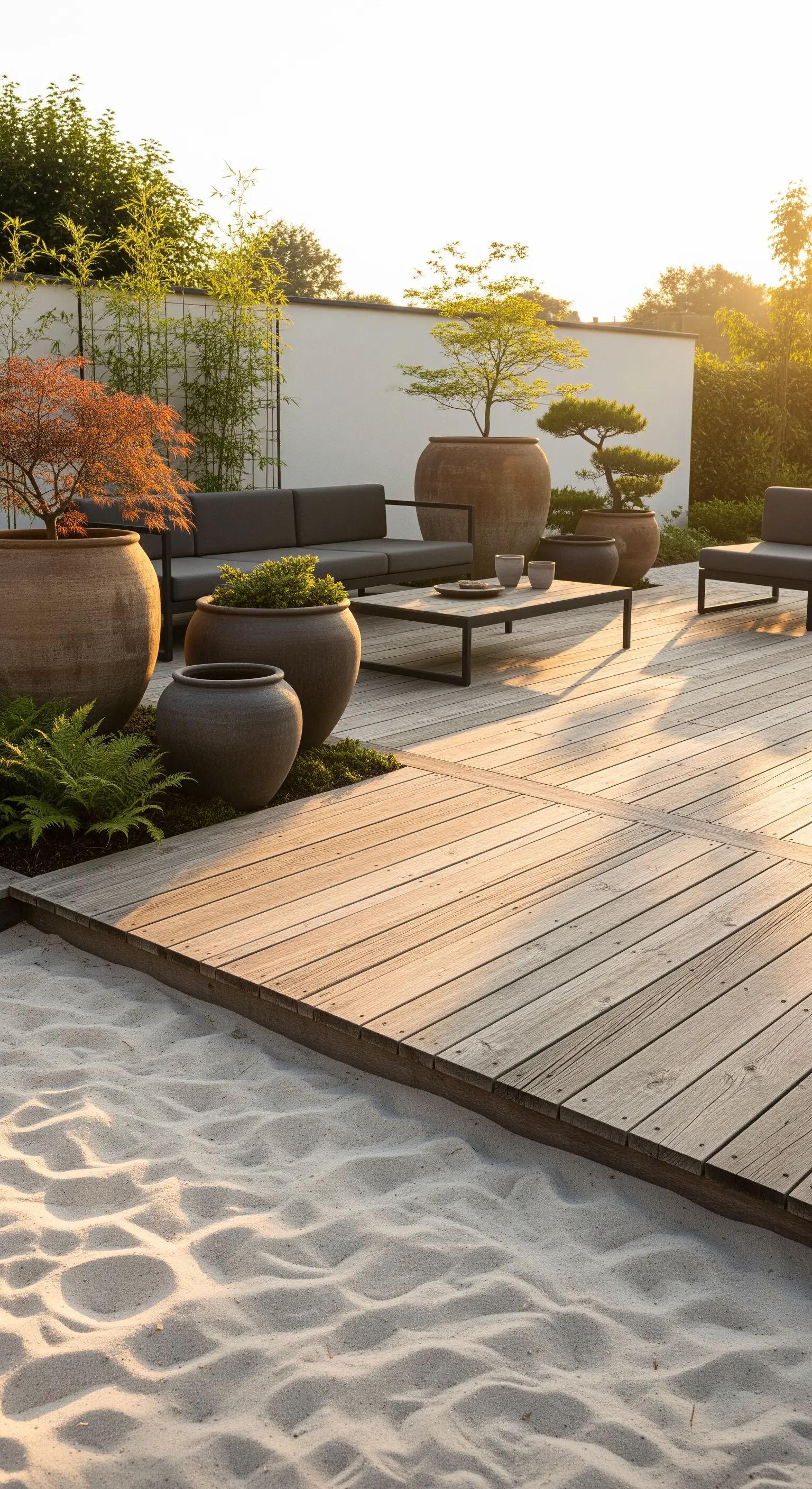 Japandi Terrasse mit Holz, Sand, großen Pflanzgefäßen und Lounge