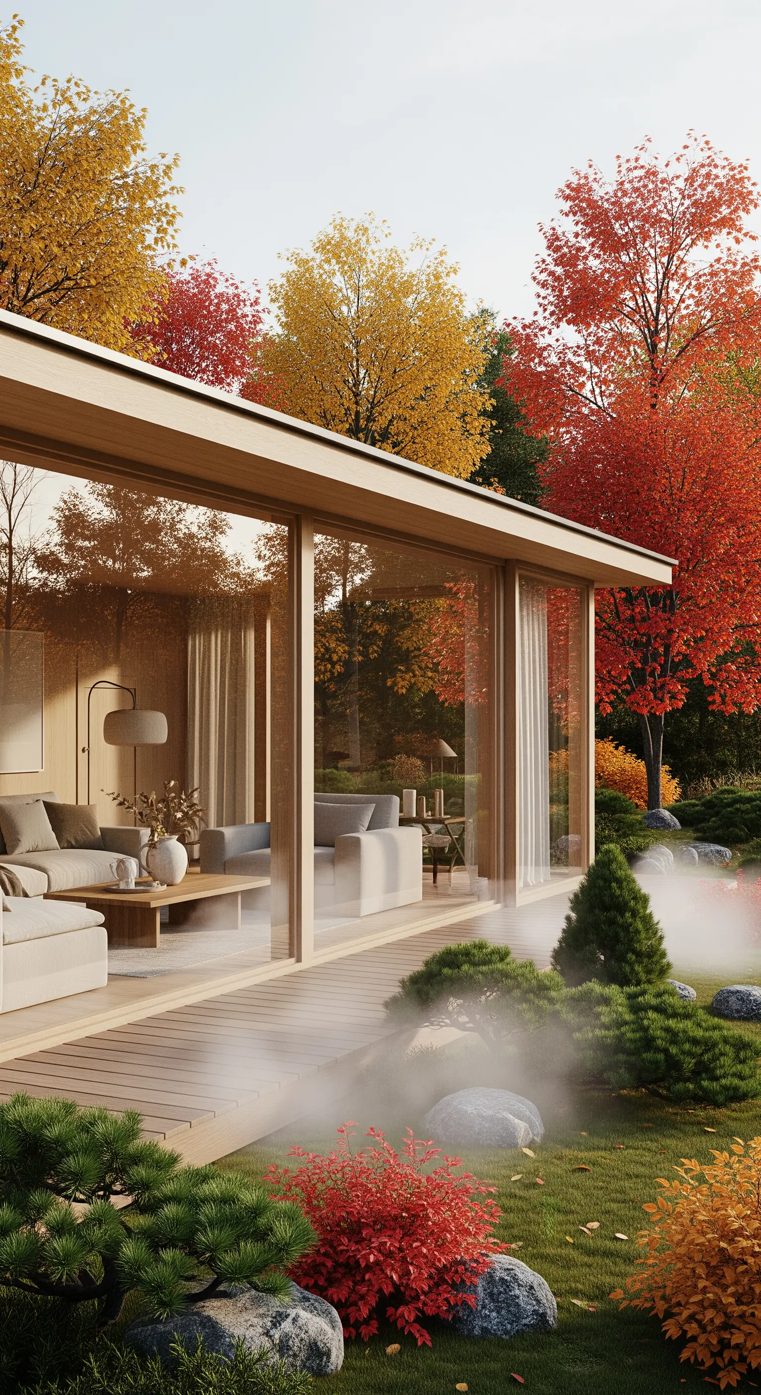 Modernes Haus mit Japandi-Garten, Herbstbäumen und Nebel