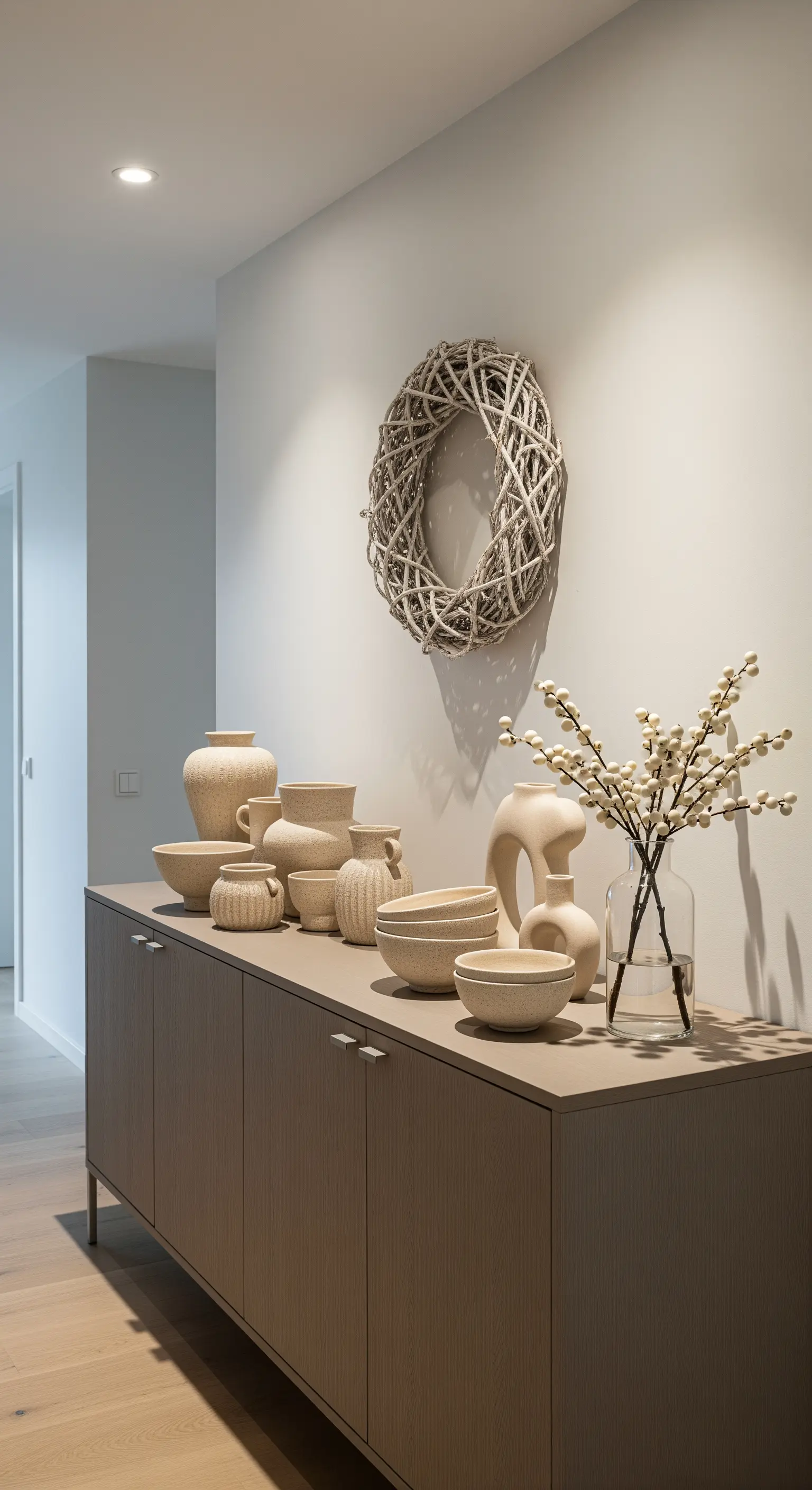 Sideboard mit Keramikvasen, Weidenkranz und Beeren-Zweigen