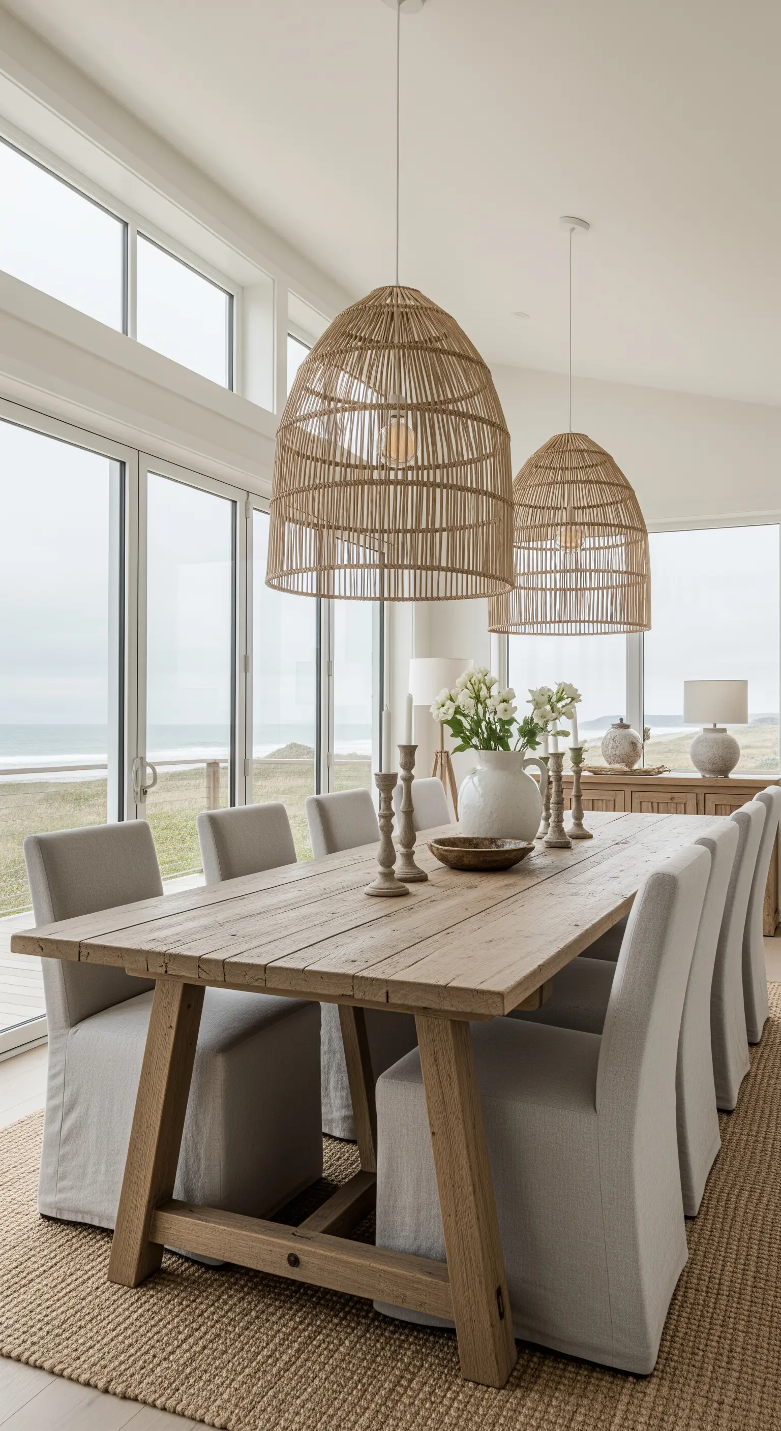 Übergroße Rattan-Pendelleuchten über rustikalem Esstisch mit Meerblick