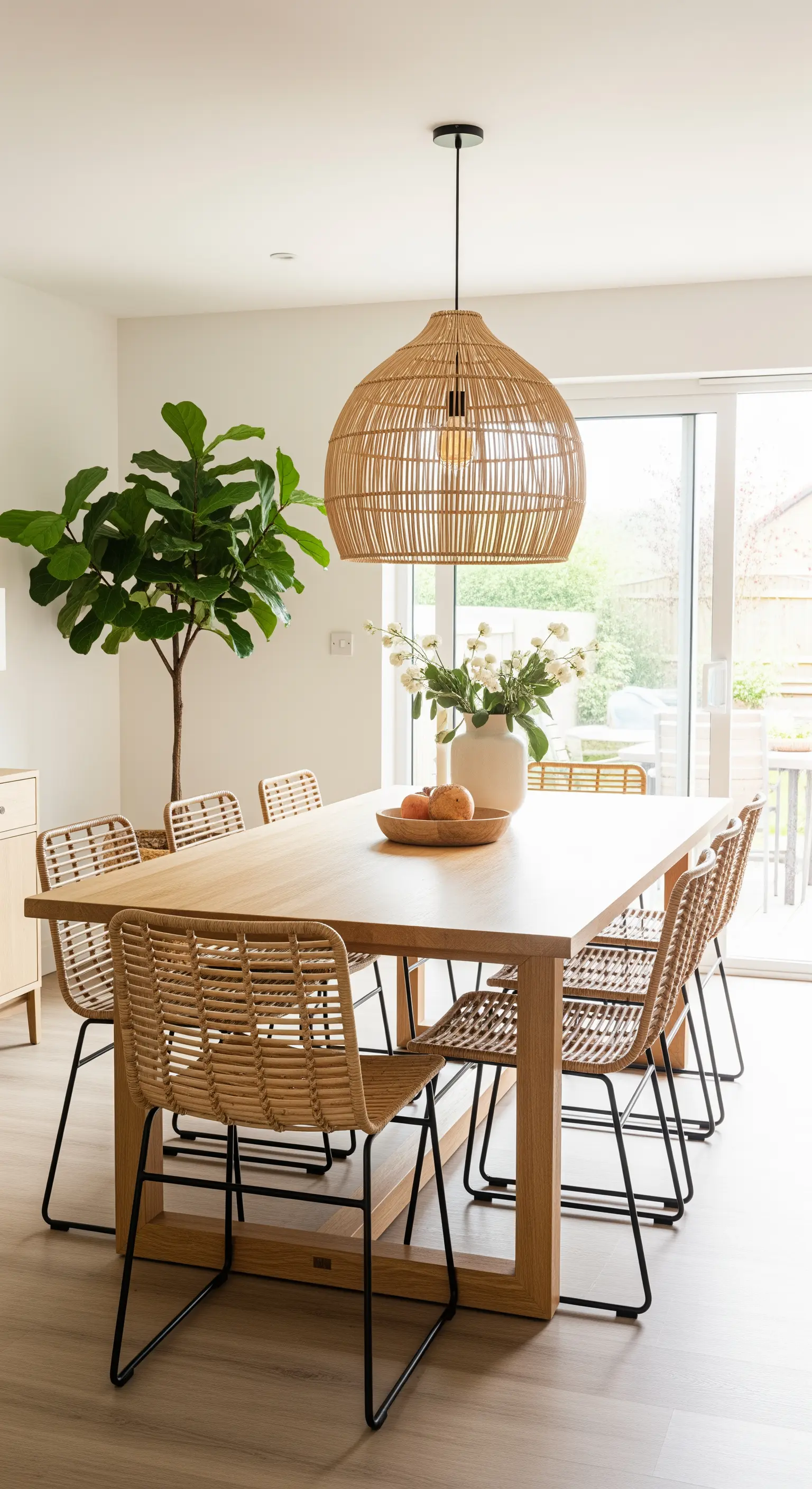 Esszimmer mit Holztisch, Rattan-Stühlen und Rattan-Lampe