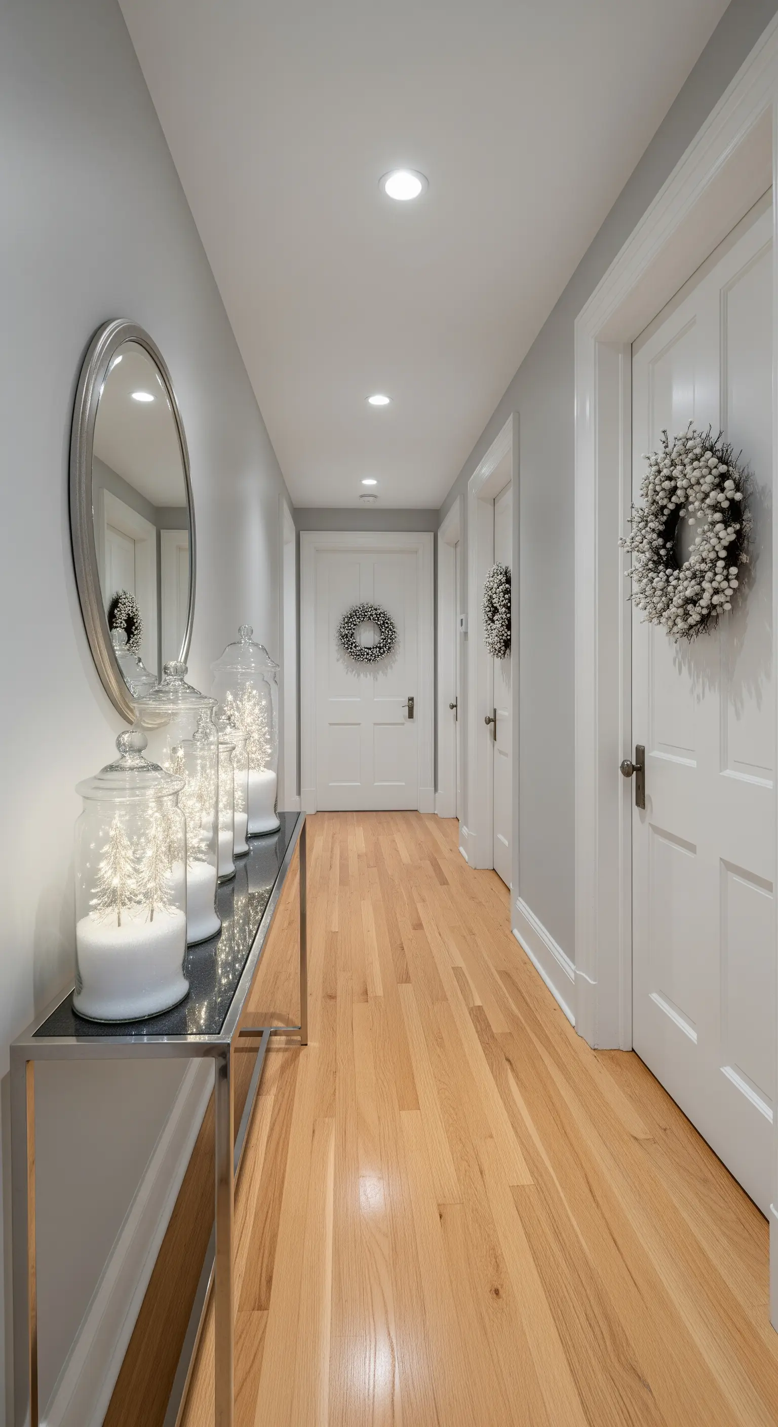 Langer Flur mit weißen Kränzen, Glasglocken mit Lichtern und Spiegel.