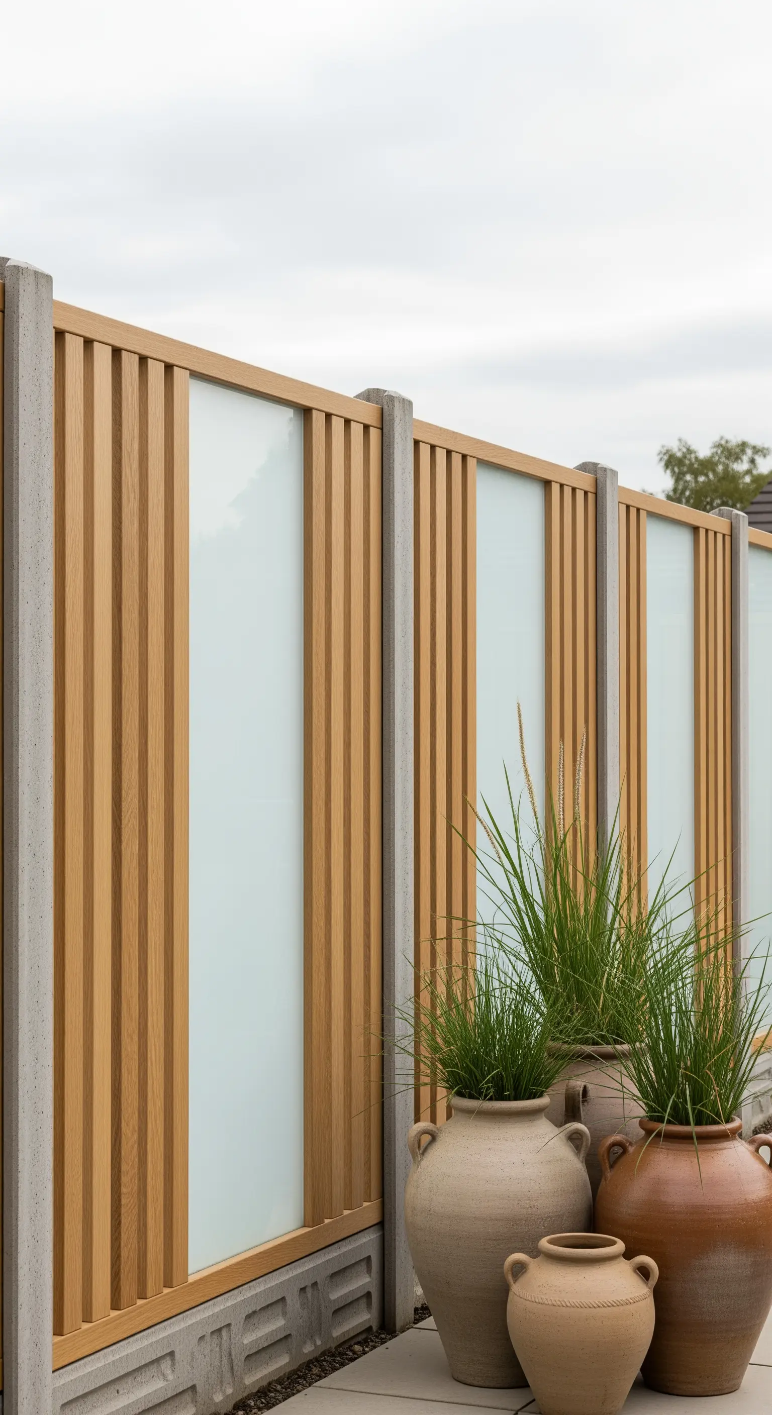 Japandi Sichtschutz aus Holz, Glas und Terrakotta-Pflanzgefäßen