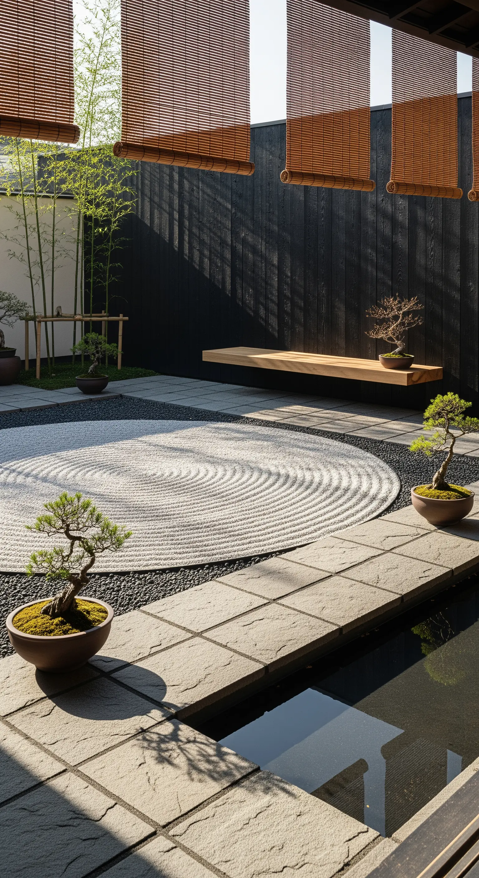 Minimalistischer Japandi-Garten mit Kiesmuster, Bonsai und Wasserspiel