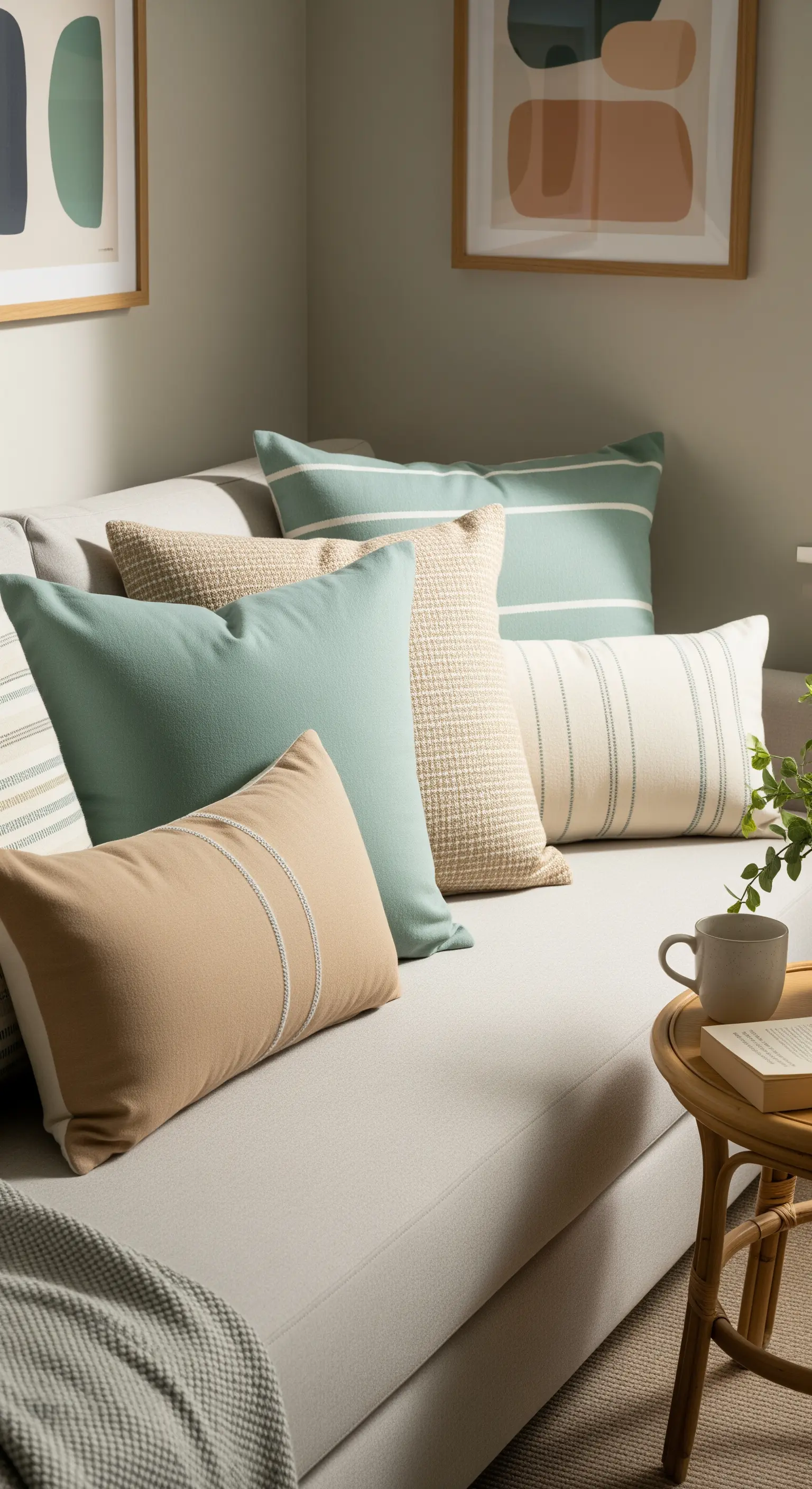 Couch mit beigen, mintgrünen und gestreiften Kissen, Rattan-Beistelltisch, abstrakte Kunst.