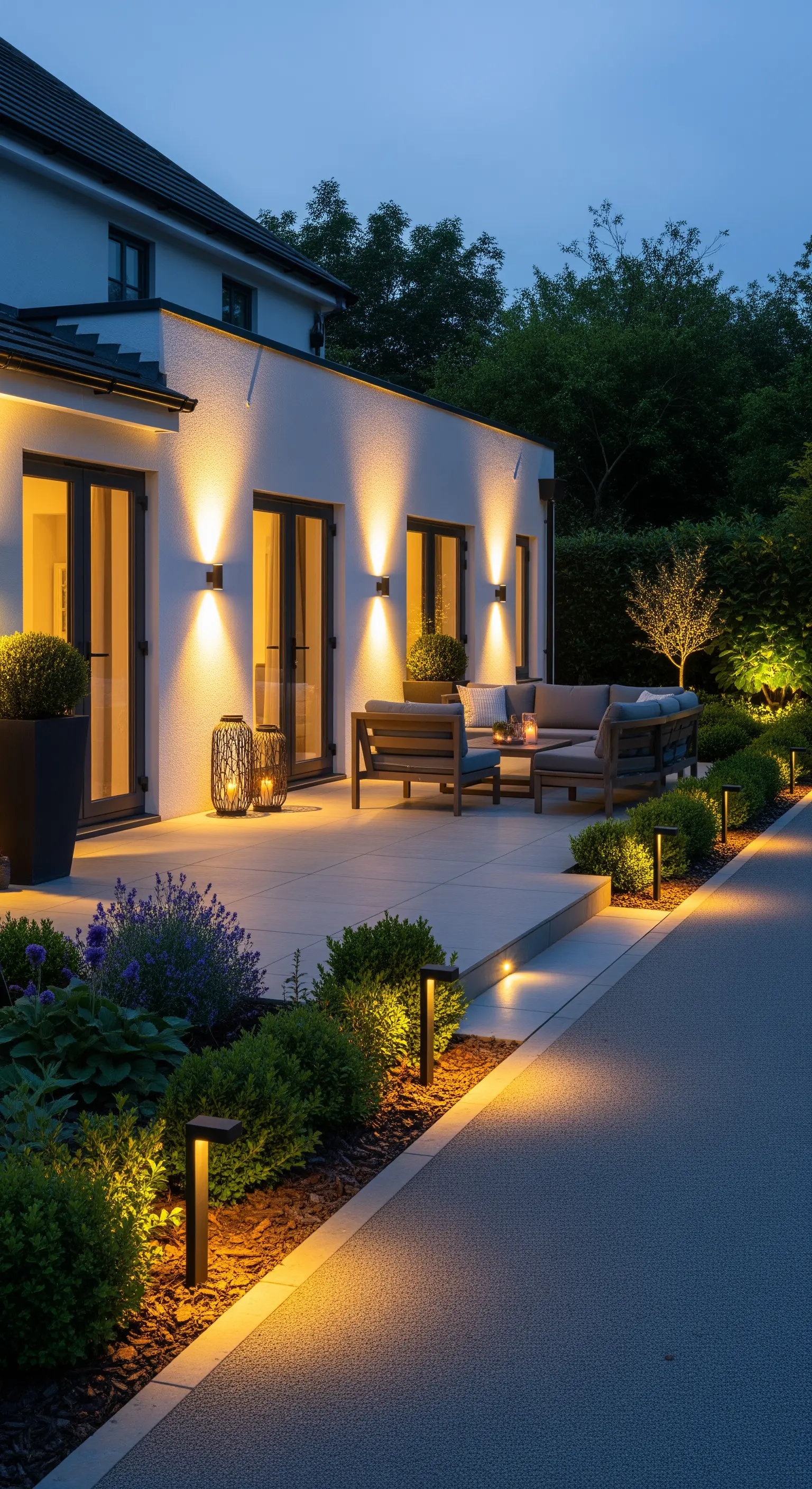 Eine moderne Terrasse mit einer Kombination aus Wandleuchten und Pollerleuchten.