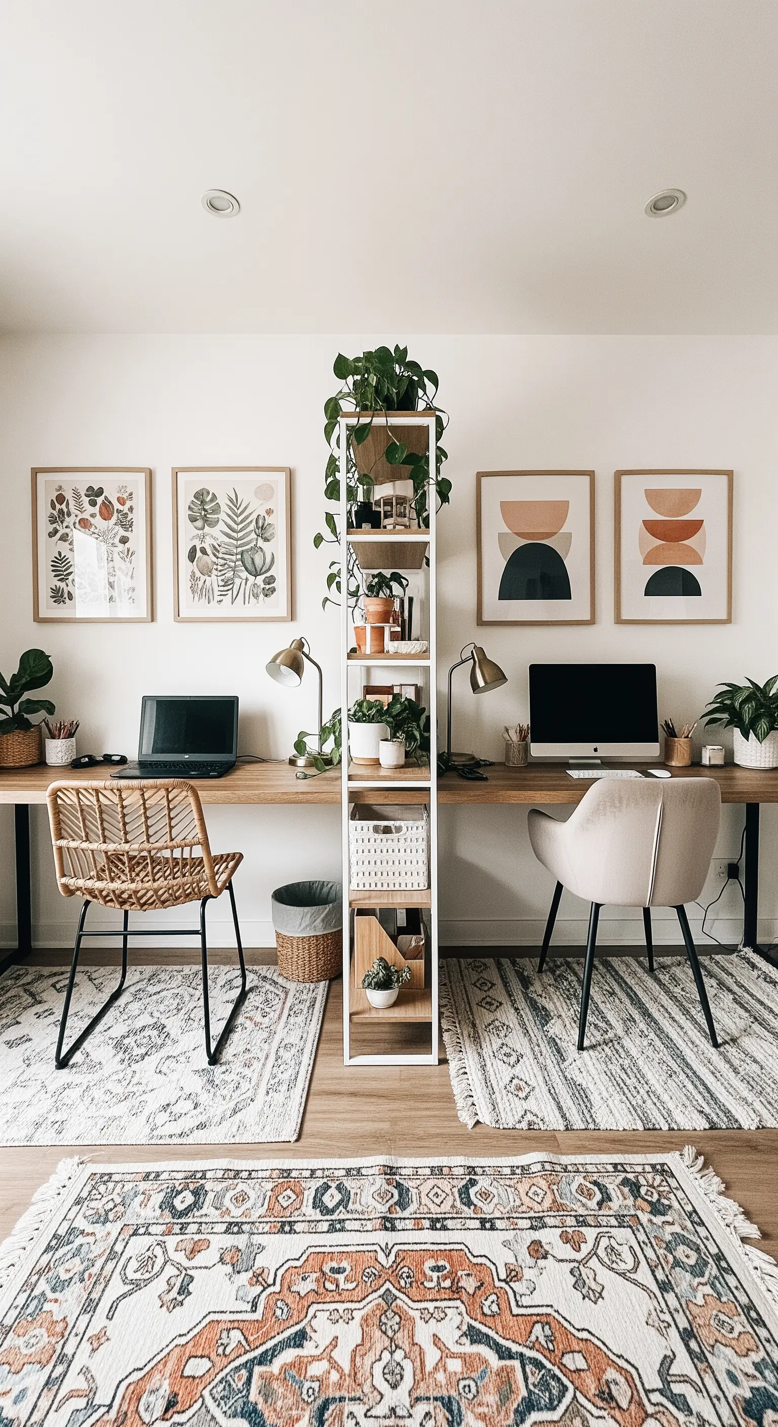 Geteiltes Homeoffice für zwei Personen mit einem zentralen Pflanzenregal als Teiler