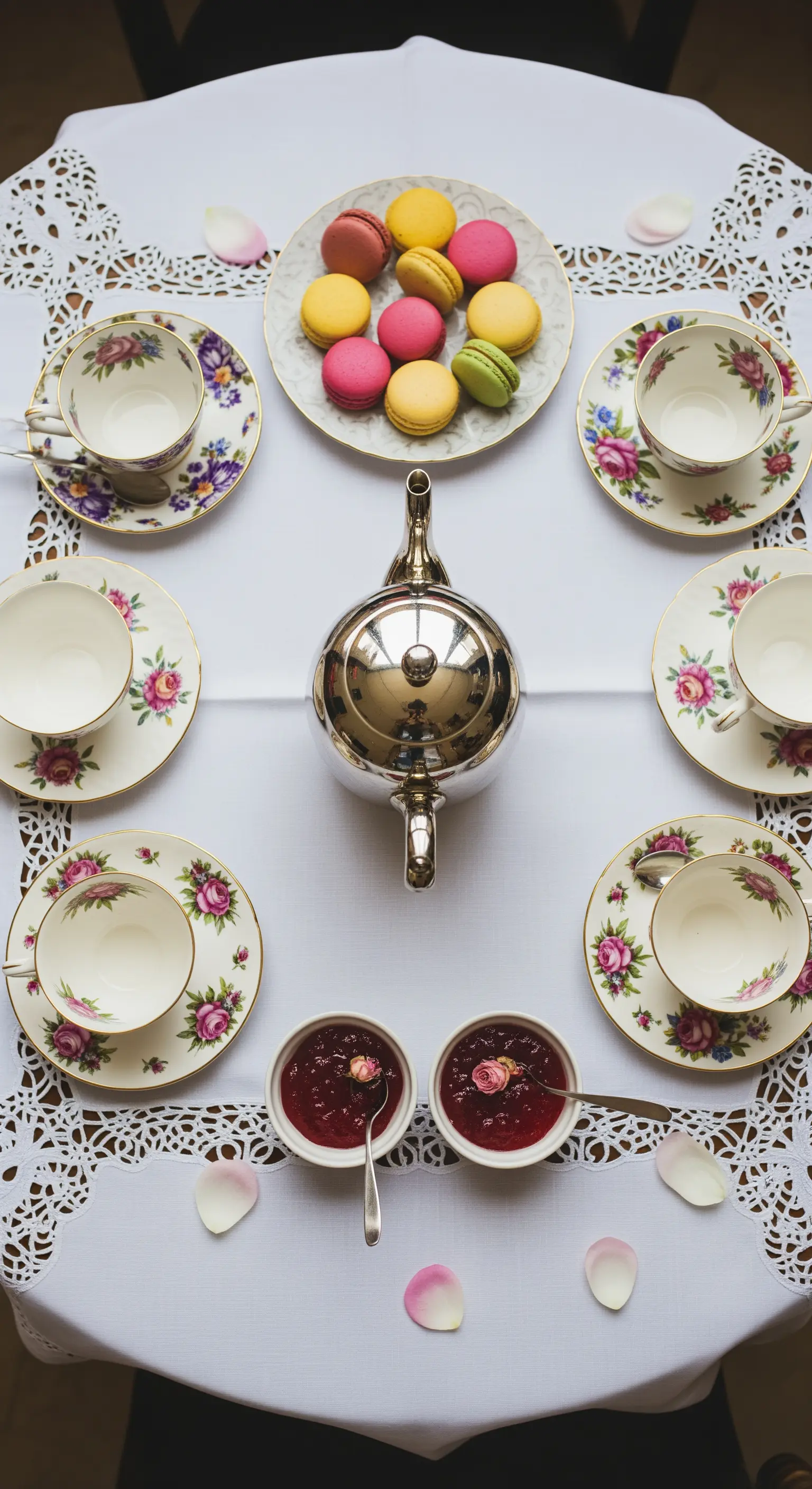 Symmetrisches Teegeschirr-Arrangement mit Macarons und Marmelade auf weißem Tisch