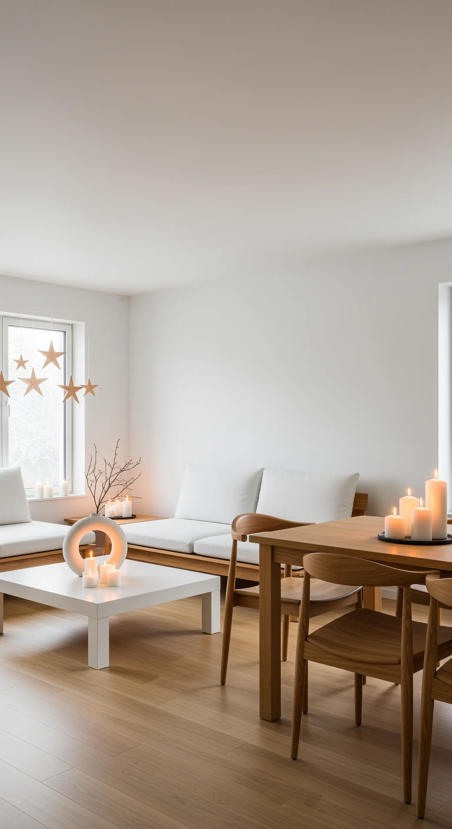 Offener Wohn- und Essbereich mit Holztisch, weißen Sofas und Kerzen-Deko