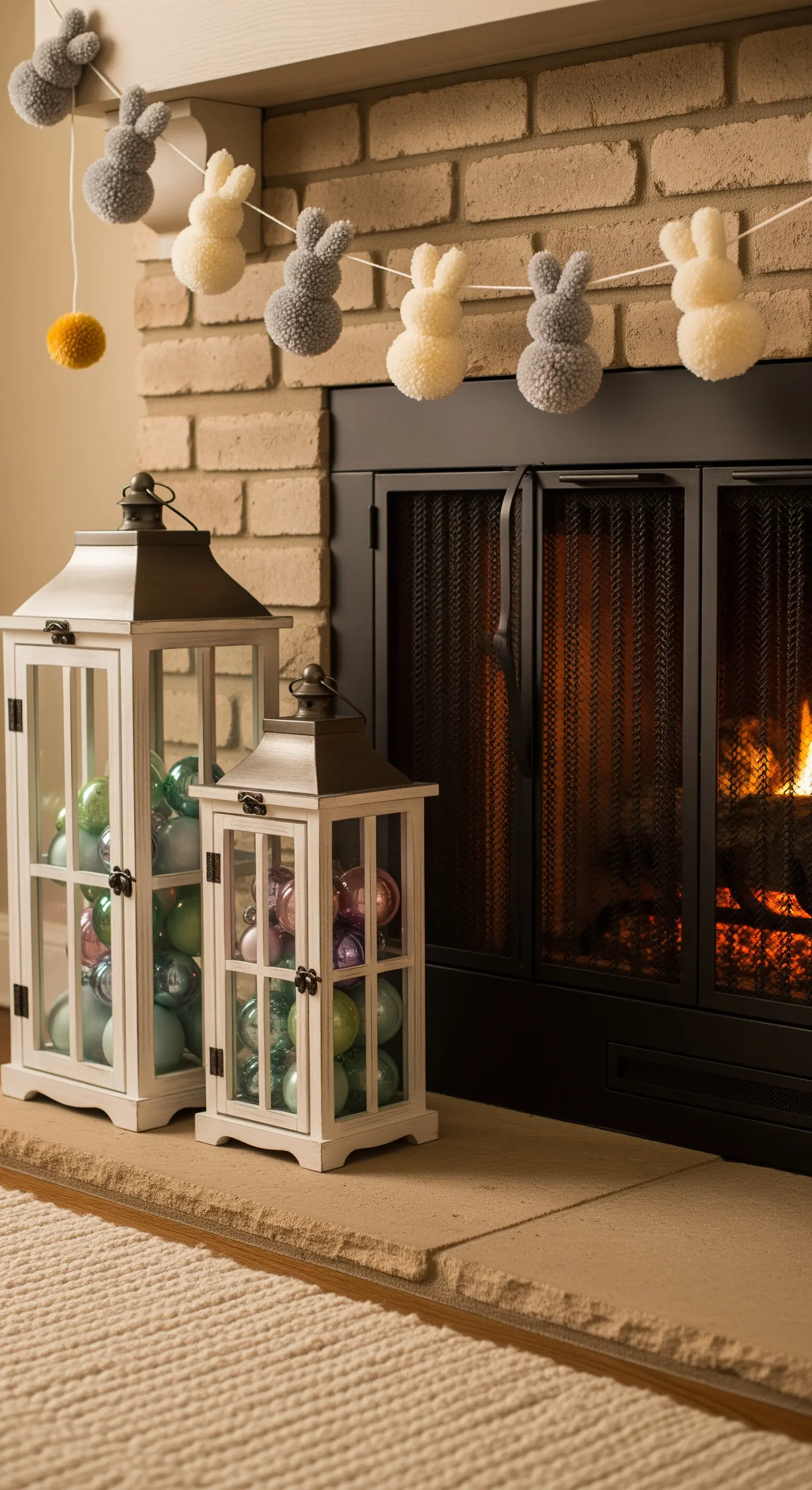 Pompon-Hasen-Girlande und Laternen mit Ostereiern auf dem Kaminsims