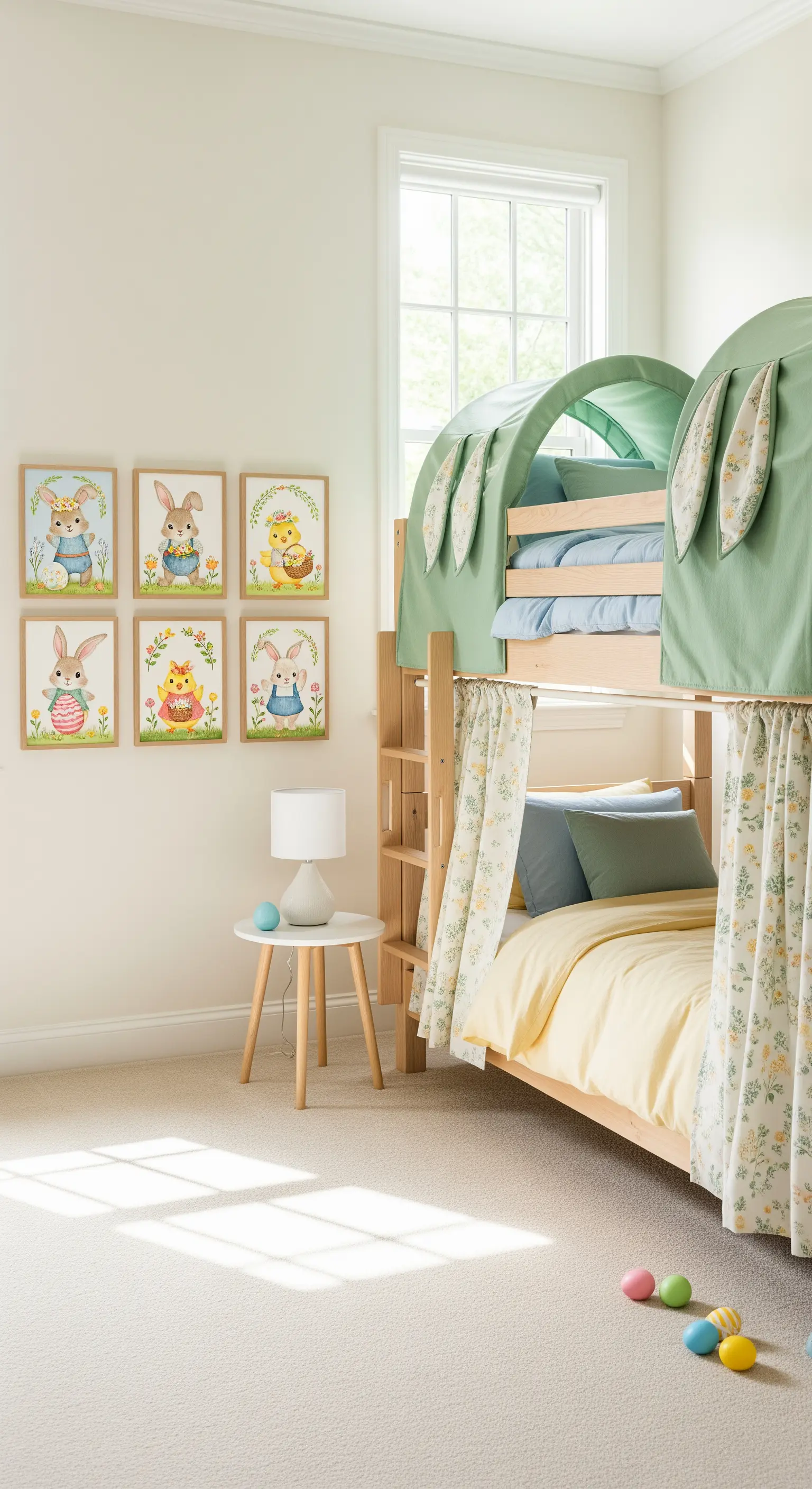Etagenbett mit Hasen-Zelten, gerahmte Osterbilder an der Wand.